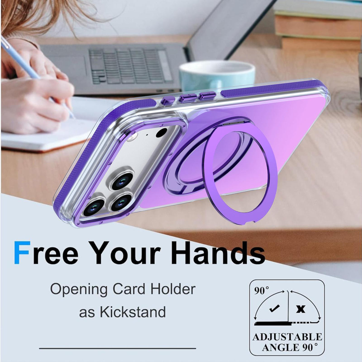 Compatible with iPhone 18 Pro Max Dual Color Gradient Discolor 360 Degree Rotation Holder Magnetic Phone Case - Purple