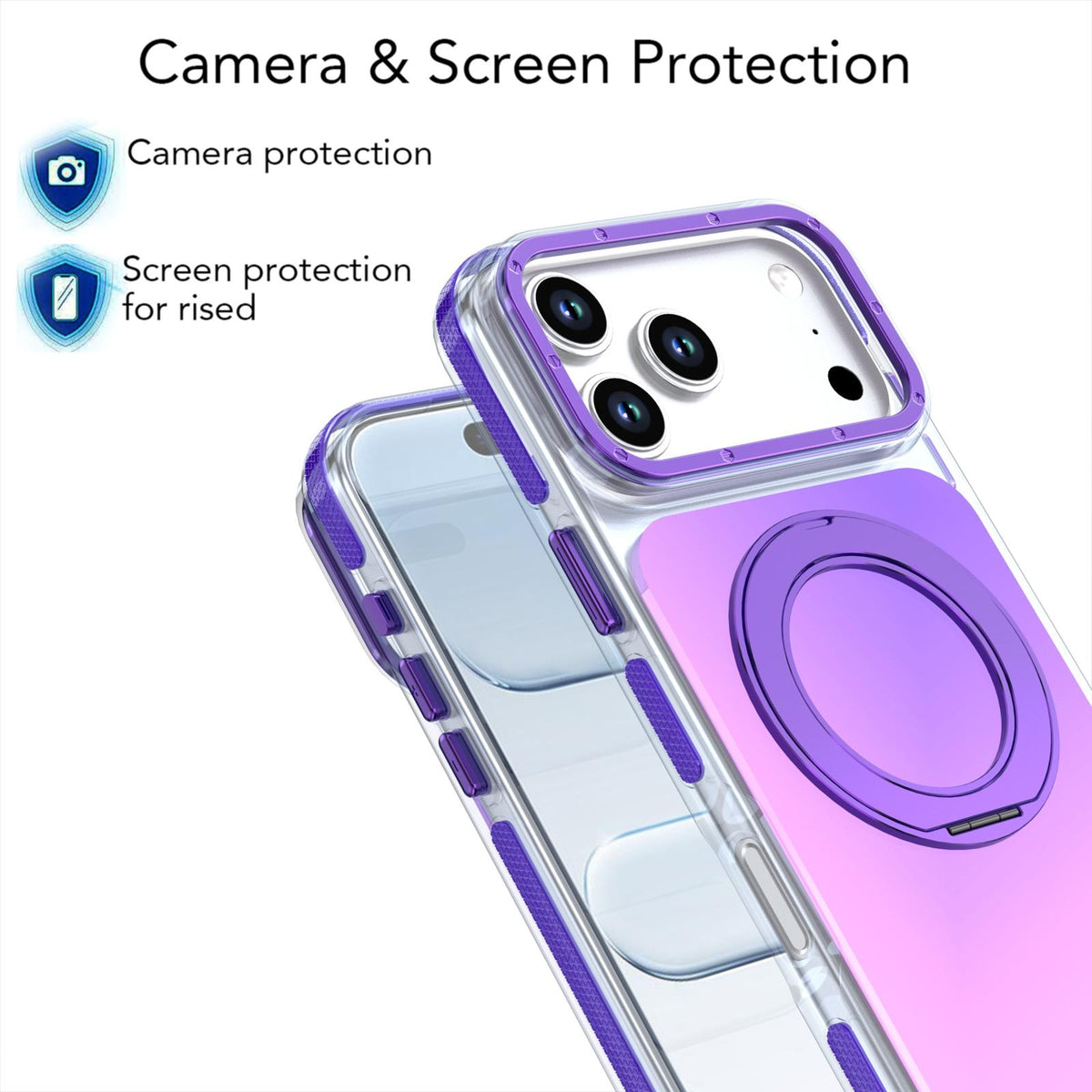 Compatible with iPhone 18 Pro Max Dual Color Gradient Discolor 360 Degree Rotation Holder Magnetic Phone Case - Purple