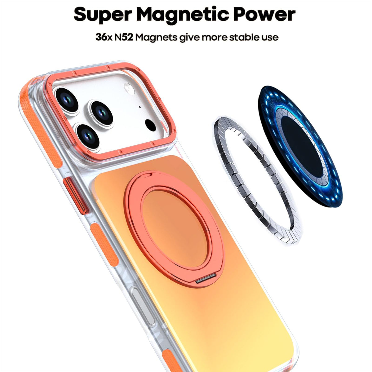 Compatible with iPhone 18 Pro Dual Color Gradient Discolor 360 Degree Rotation Holder Magnetic Phone Case - Orange