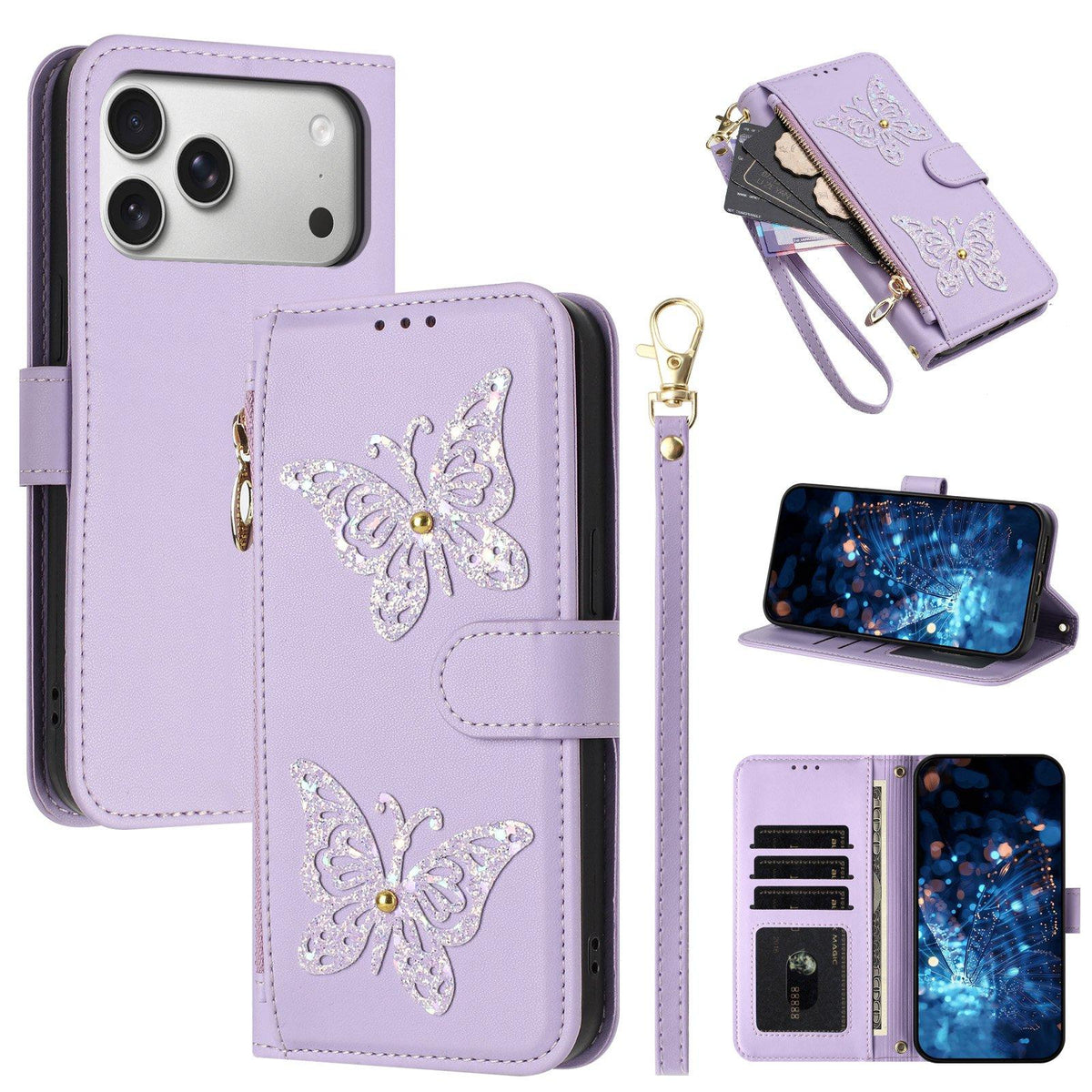 Compatible with iPhone 18 Pro Max & 17 Pro Max Glitter Butterfly Zipper Vegan Leather Phone Case with Wrist Strap - Purple