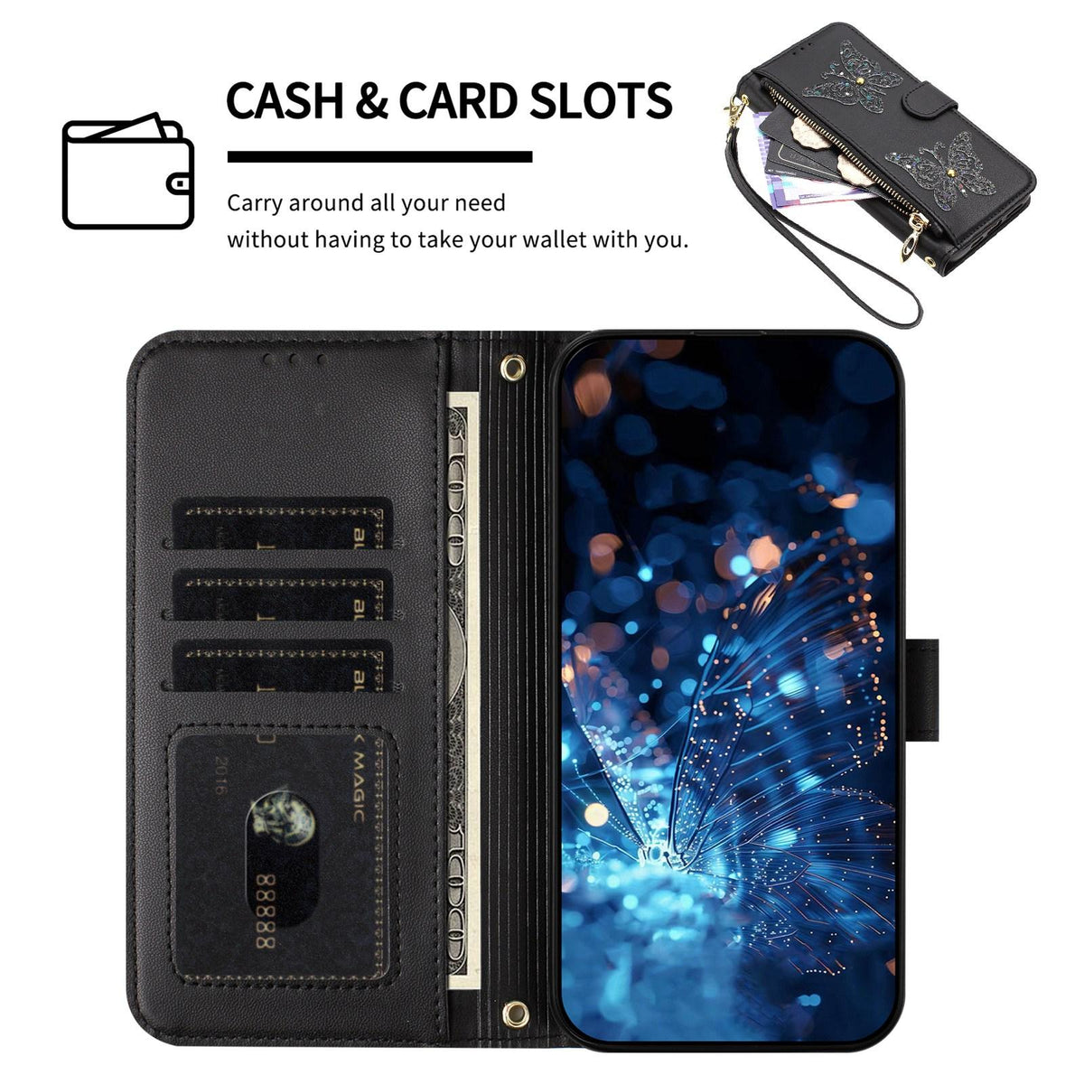 Compatible with iPhone 18 Pro Max & 17 Pro Max Glitter Butterfly Zipper Vegan Leather Phone Case with Wrist Strap - Black