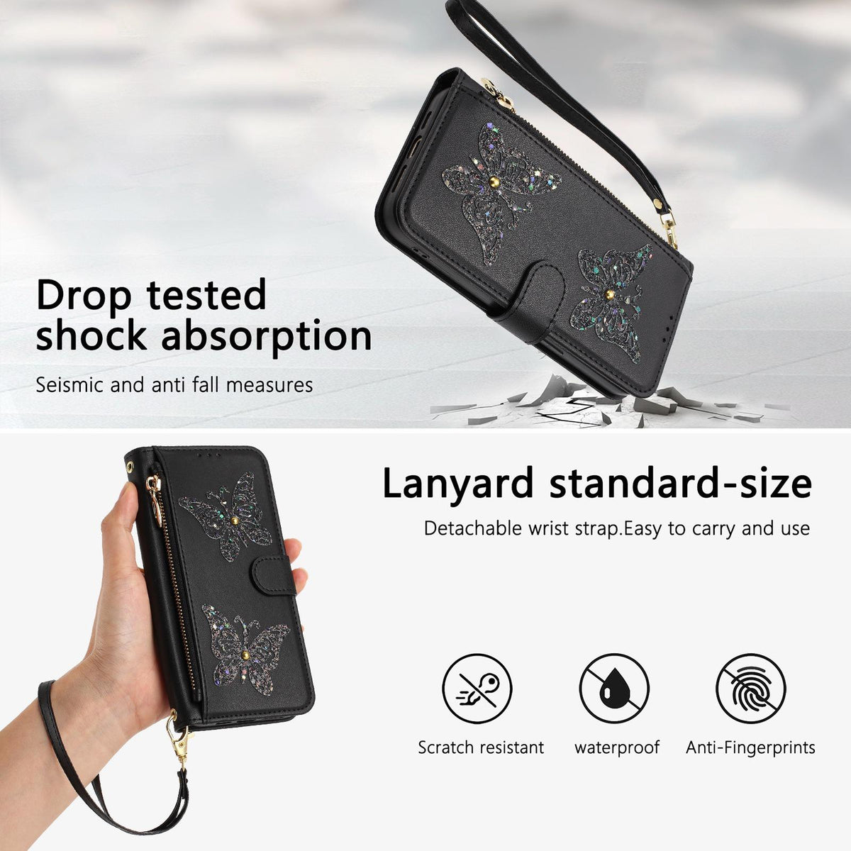 Compatible with iPhone 18 Pro Max & 17 Pro Max Glitter Butterfly Zipper Vegan Leather Phone Case with Wrist Strap - Black