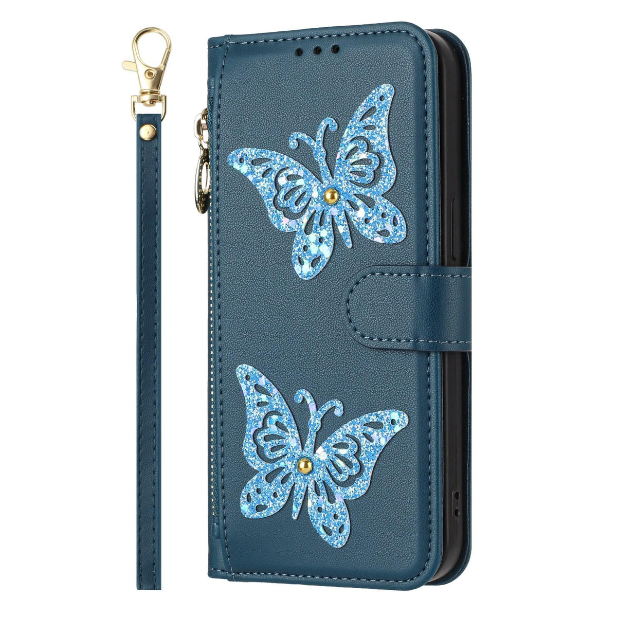 Compatible with iPhone 18 Pro Max & 17 Pro Max Glitter Butterfly Zipper Vegan Leather Phone Case with Wrist Strap - Blue