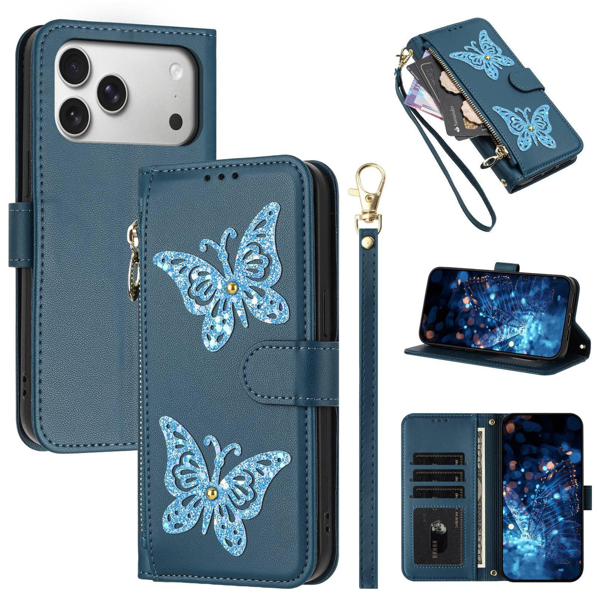 Compatible with iPhone 18 Pro & 17 Pro Glitter Butterfly Zipper Vegan Leather Phone Case with Wrist Strap - Blue