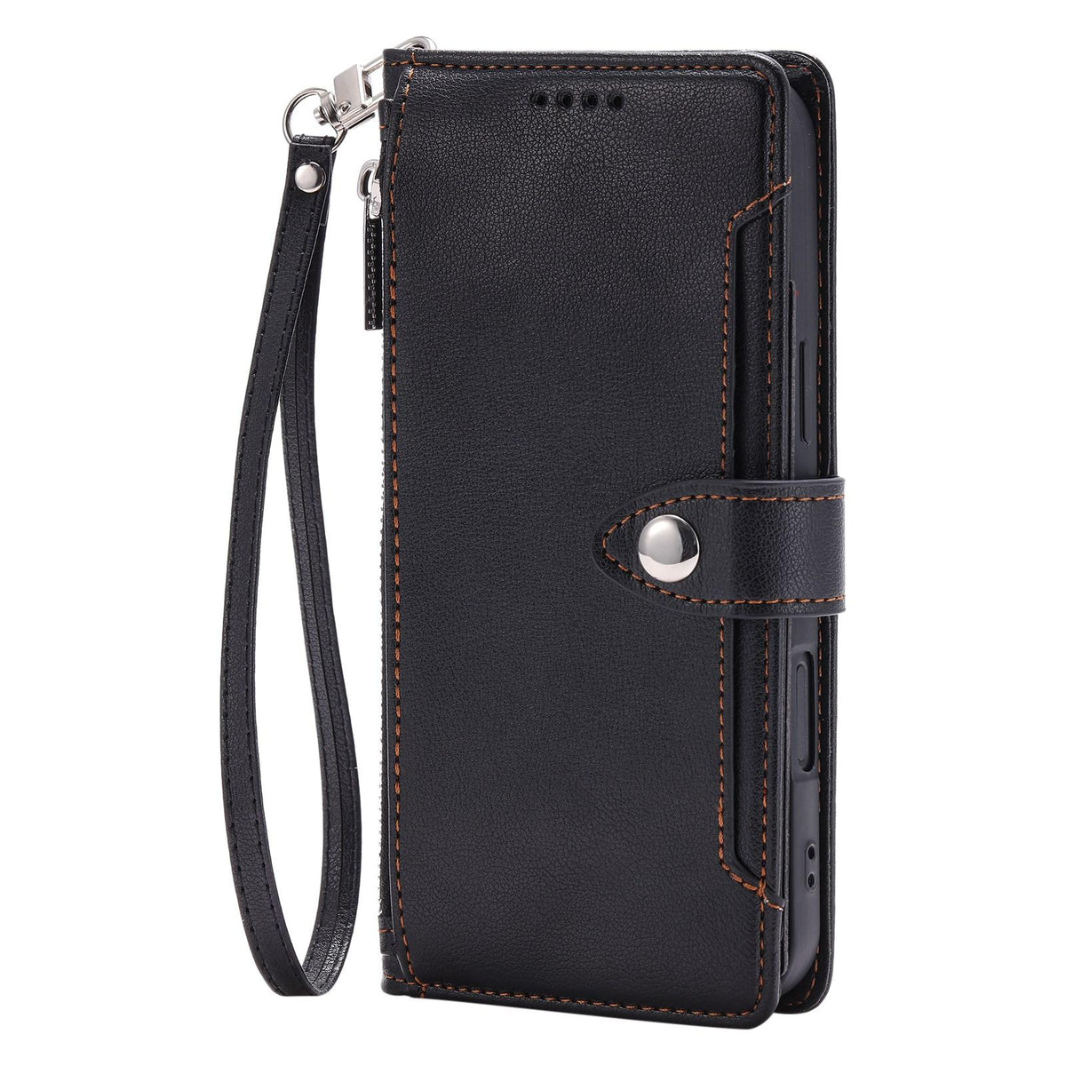 Compatible with iPhone 18 Pro Max & 17 Pro Max Litchi Texture Zipper Wallet Buckle Vegan Leather Phone Case with Wrist Strap - Black