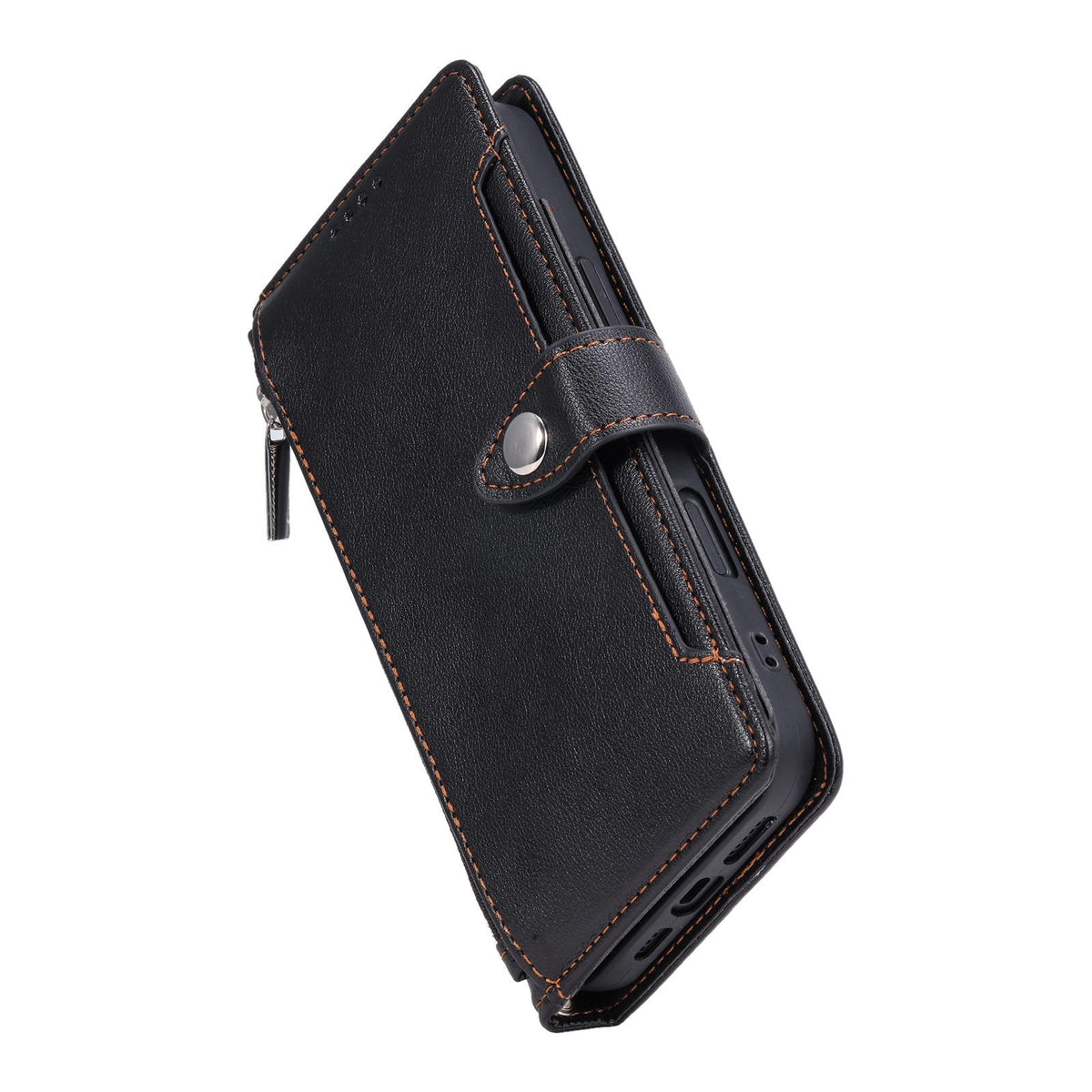 Compatible with iPhone 18 Pro Max & 17 Pro Max Litchi Texture Zipper Wallet Buckle Vegan Leather Phone Case with Wrist Strap - Black