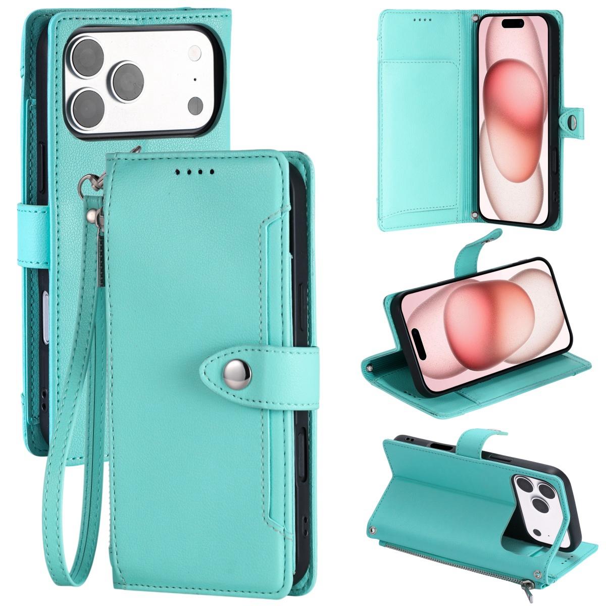 Compatible with iPhone 18 Pro Max & 17 Pro Max Litchi Texture Zipper Wallet Buckle Vegan Leather Phone Case with Wrist Strap - Lake Blue