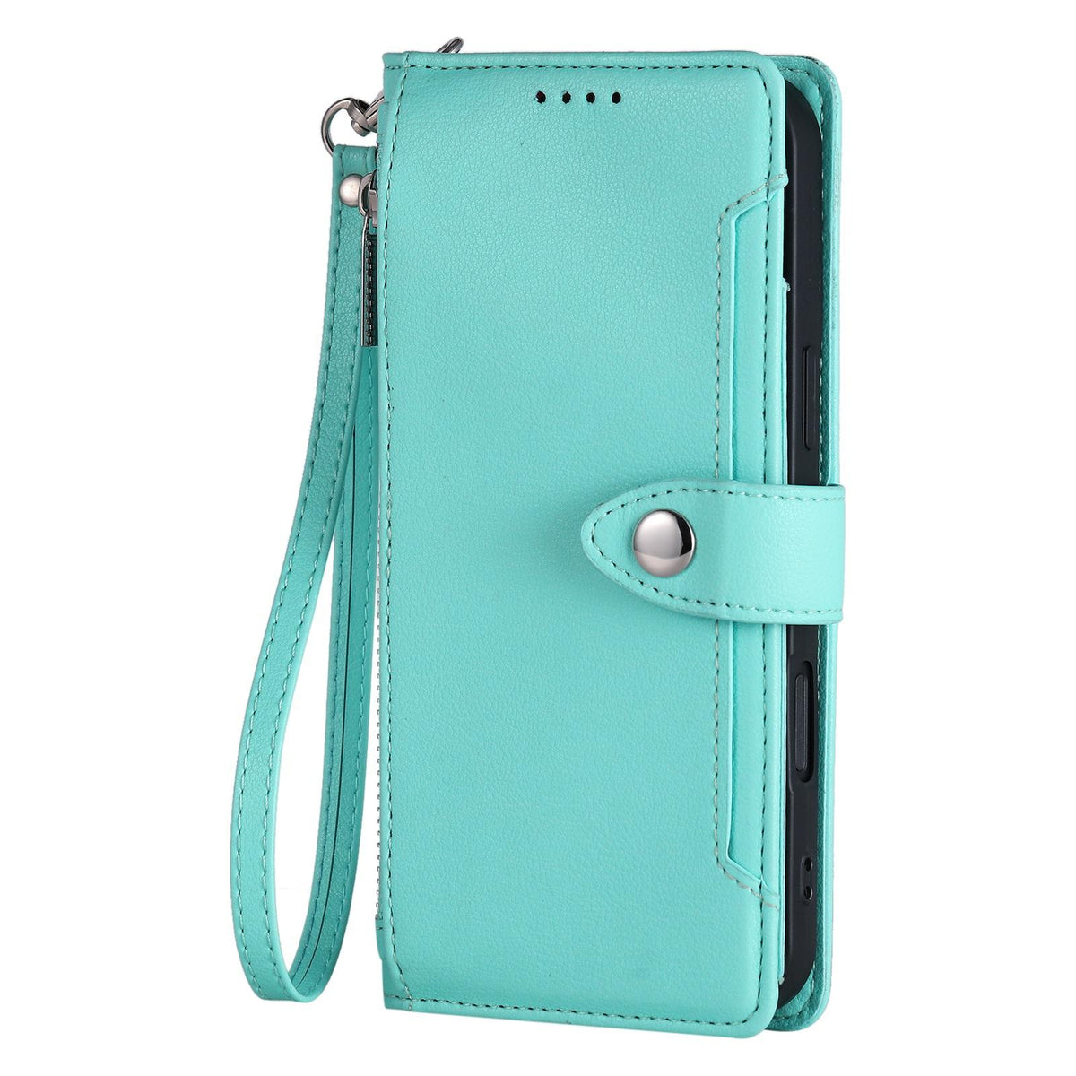 Compatible with iPhone 18 Pro Max & 17 Pro Max Litchi Texture Zipper Wallet Buckle Vegan Leather Phone Case with Wrist Strap - Lake Blue