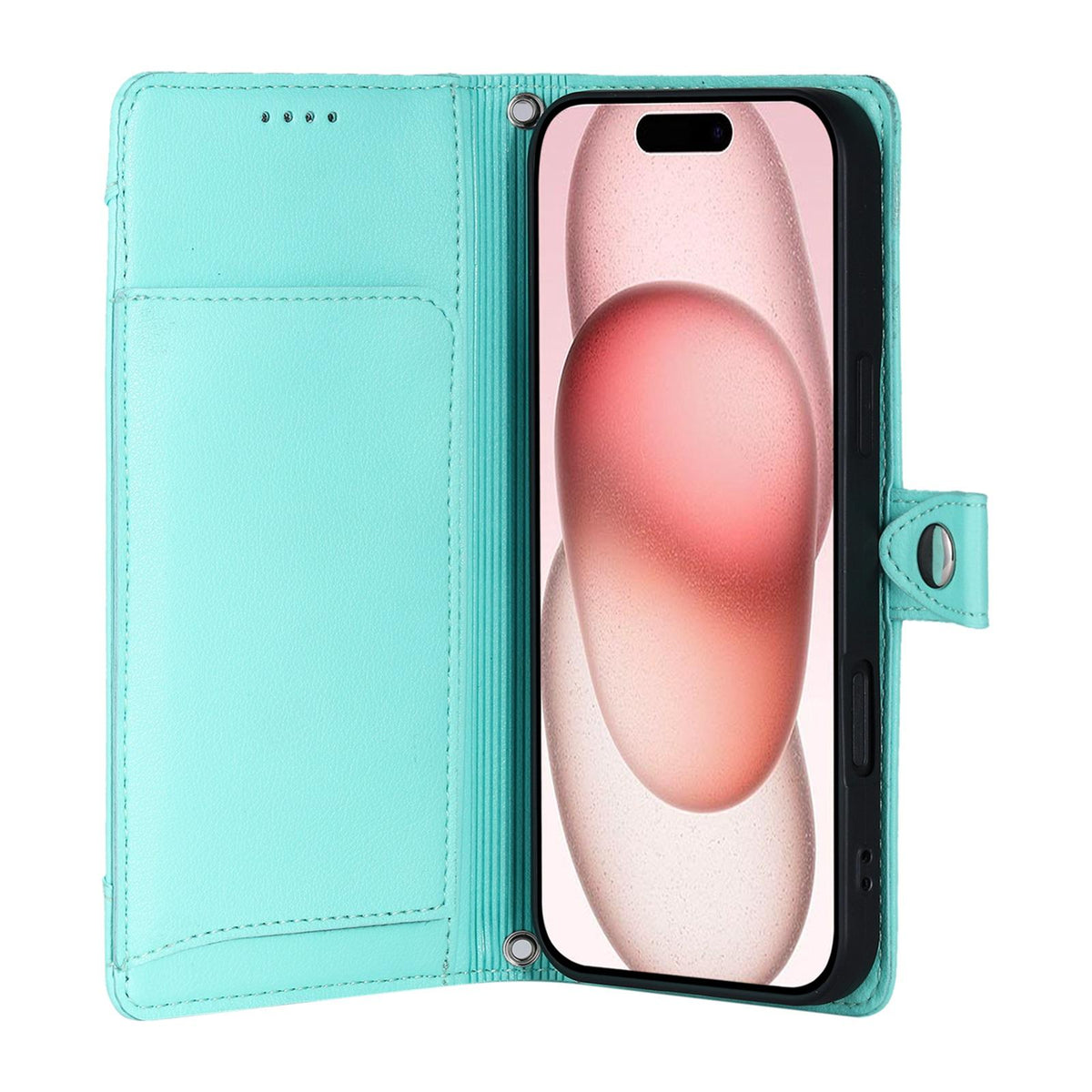 Compatible with iPhone 18 Pro Max & 17 Pro Max Litchi Texture Zipper Wallet Buckle Vegan Leather Phone Case with Wrist Strap - Lake Blue