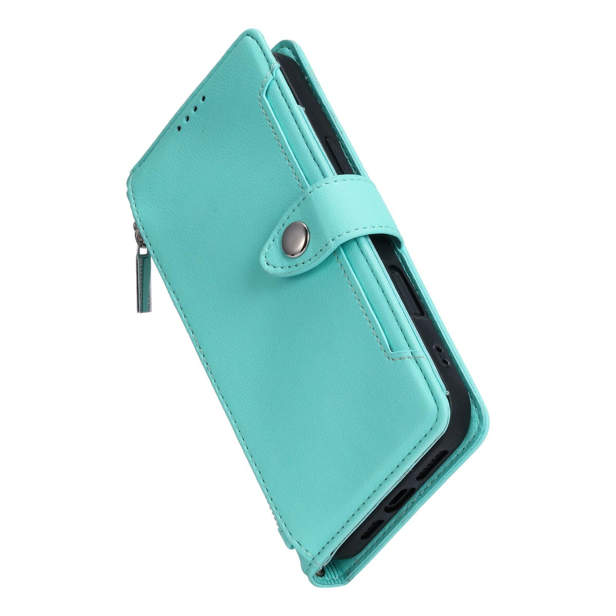 Compatible with iPhone 18 Pro Max & 17 Pro Max Litchi Texture Zipper Wallet Buckle Vegan Leather Phone Case with Wrist Strap - Lake Blue