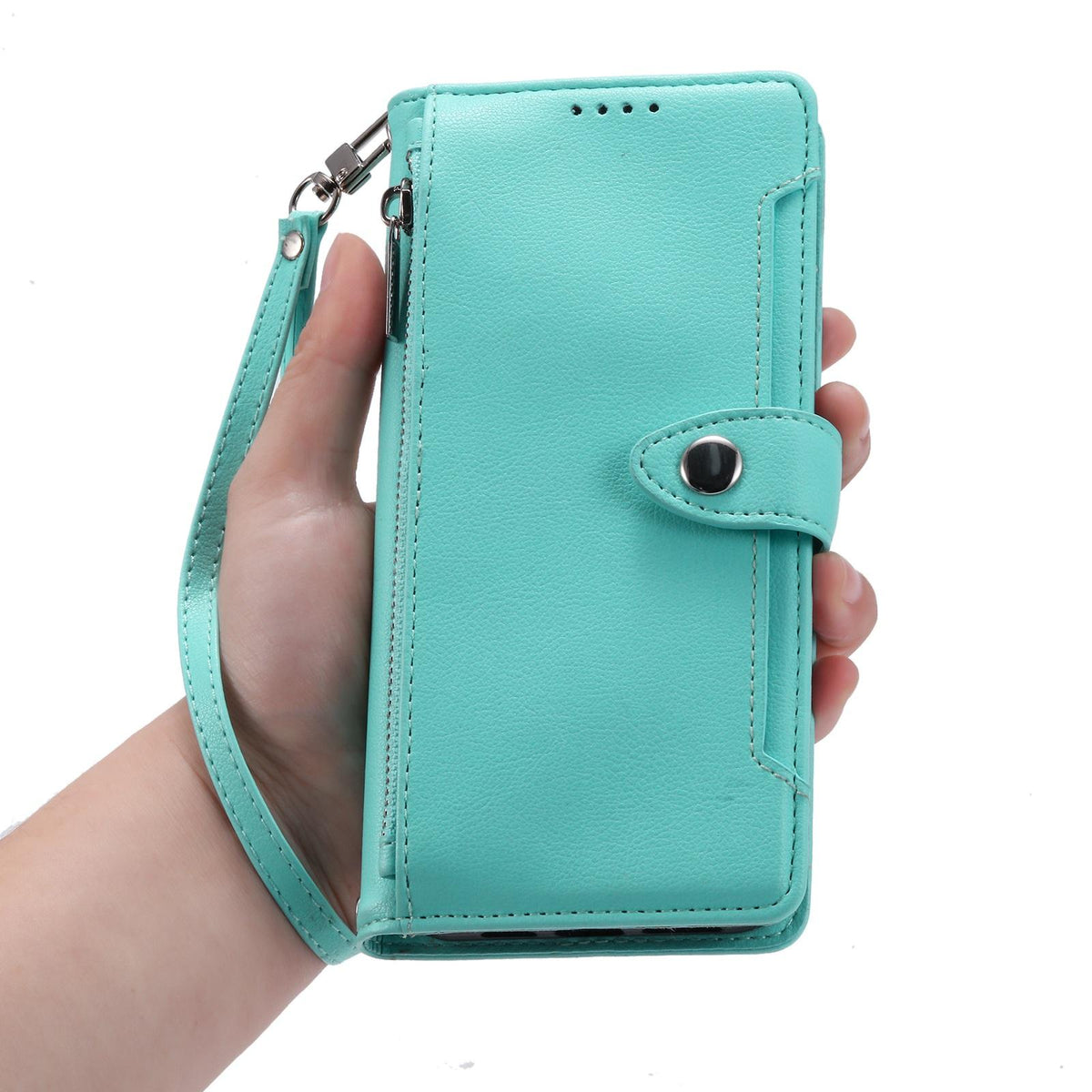 Compatible with iPhone 18 Pro Max & 17 Pro Max Litchi Texture Zipper Wallet Buckle Vegan Leather Phone Case with Wrist Strap - Lake Blue