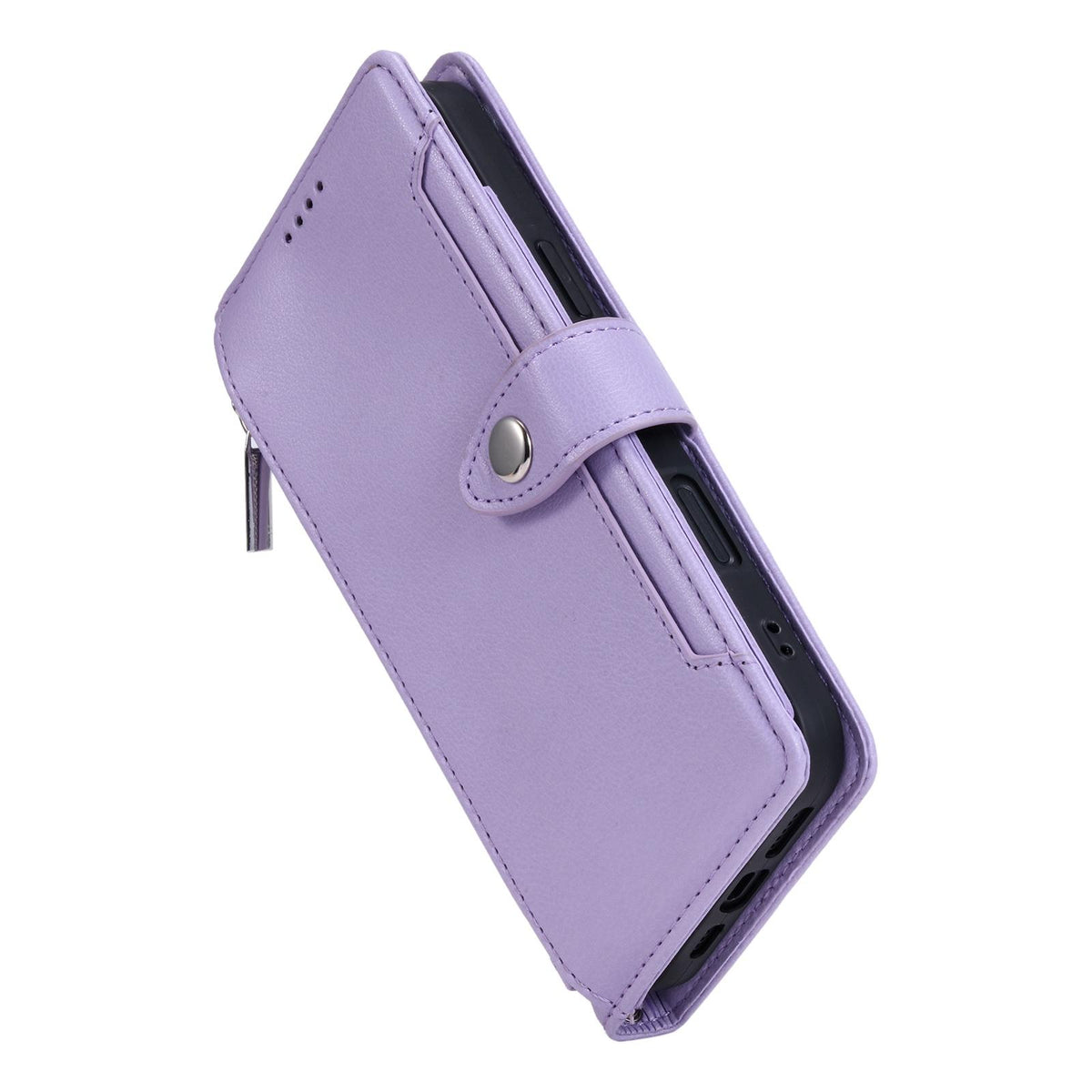 Compatible with iPhone 18 Pro Max & 17 Pro Max Litchi Texture Zipper Wallet Buckle Vegan Leather Phone Case with Wrist Strap - Purple