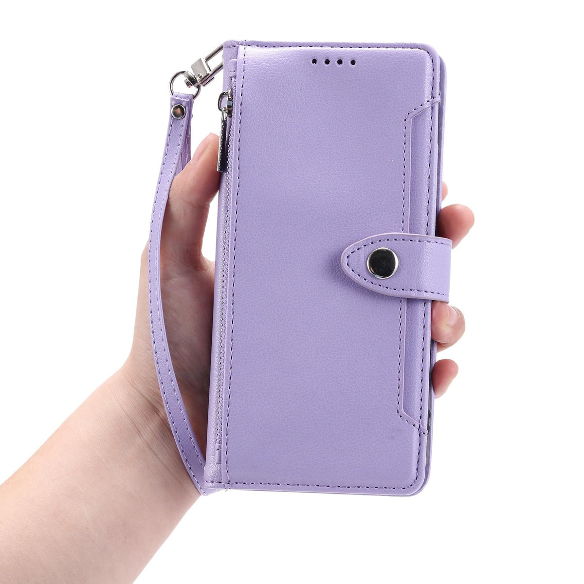 Compatible with iPhone 18 Pro Max & 17 Pro Max Litchi Texture Zipper Wallet Buckle Vegan Leather Phone Case with Wrist Strap - Purple