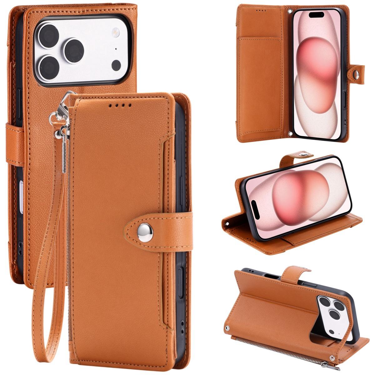 Compatible with iPhone 18 Pro Max & 17 Pro Max Litchi Texture Zipper Wallet Buckle Vegan Leather Phone Case with Wrist Strap - Brown