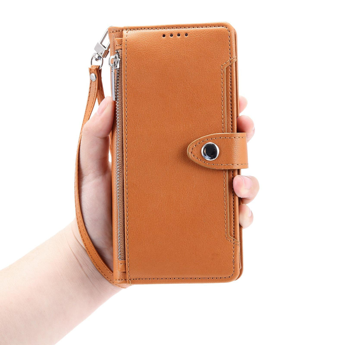Compatible with iPhone 18 Pro Max & 17 Pro Max Litchi Texture Zipper Wallet Buckle Vegan Leather Phone Case with Wrist Strap - Brown