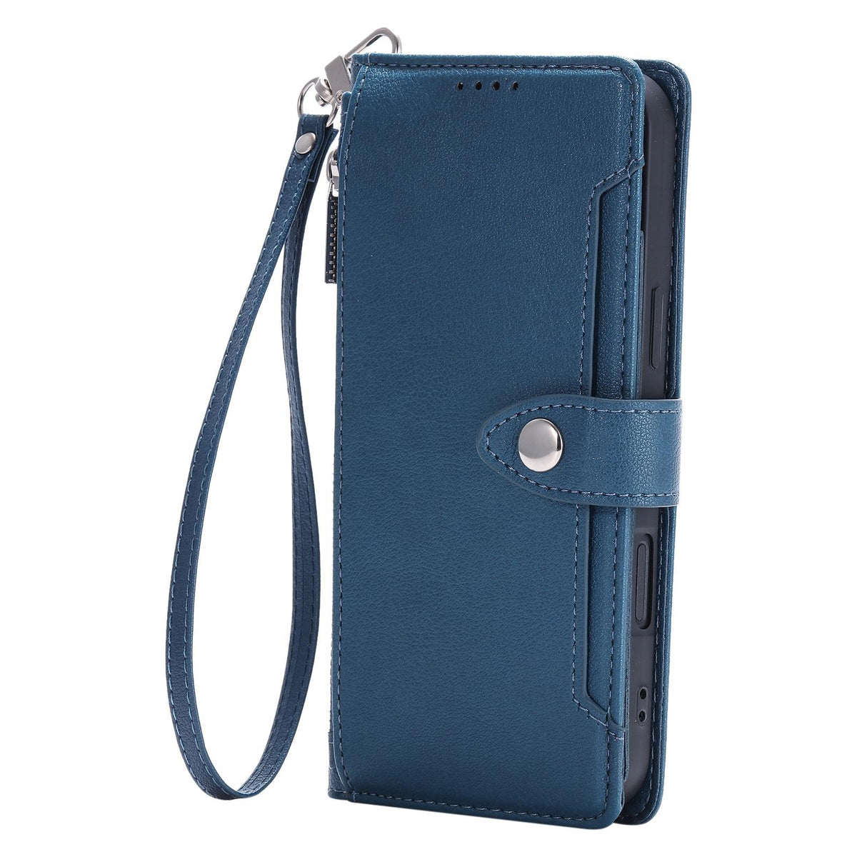 Compatible with iPhone 18 Pro Max & 17 Pro Max Litchi Texture Zipper Wallet Buckle Vegan Leather Phone Case with Wrist Strap - Blue