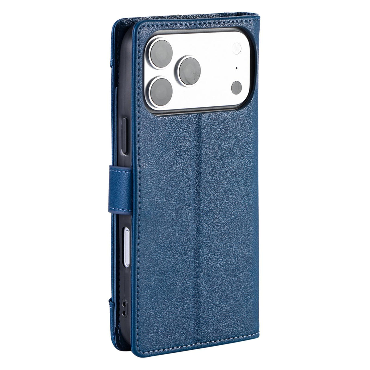 Compatible with iPhone 18 Pro Max & 17 Pro Max Litchi Texture Zipper Wallet Buckle Vegan Leather Phone Case with Wrist Strap - Blue