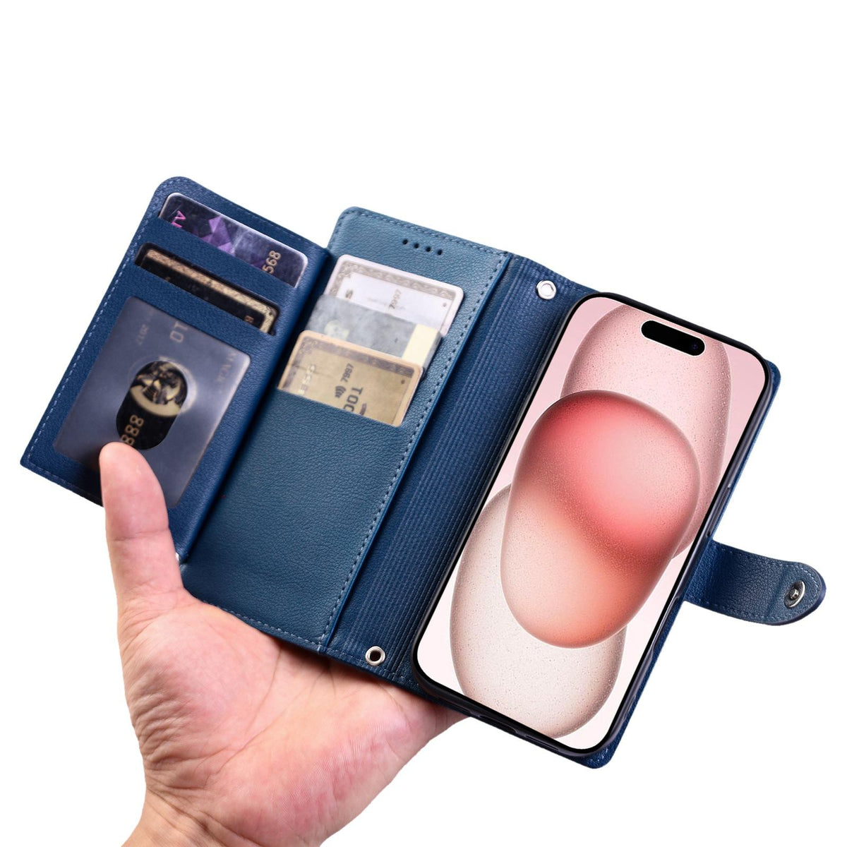 Compatible with iPhone 18 Pro Max & 17 Pro Max Litchi Texture Zipper Wallet Buckle Vegan Leather Phone Case with Wrist Strap - Blue
