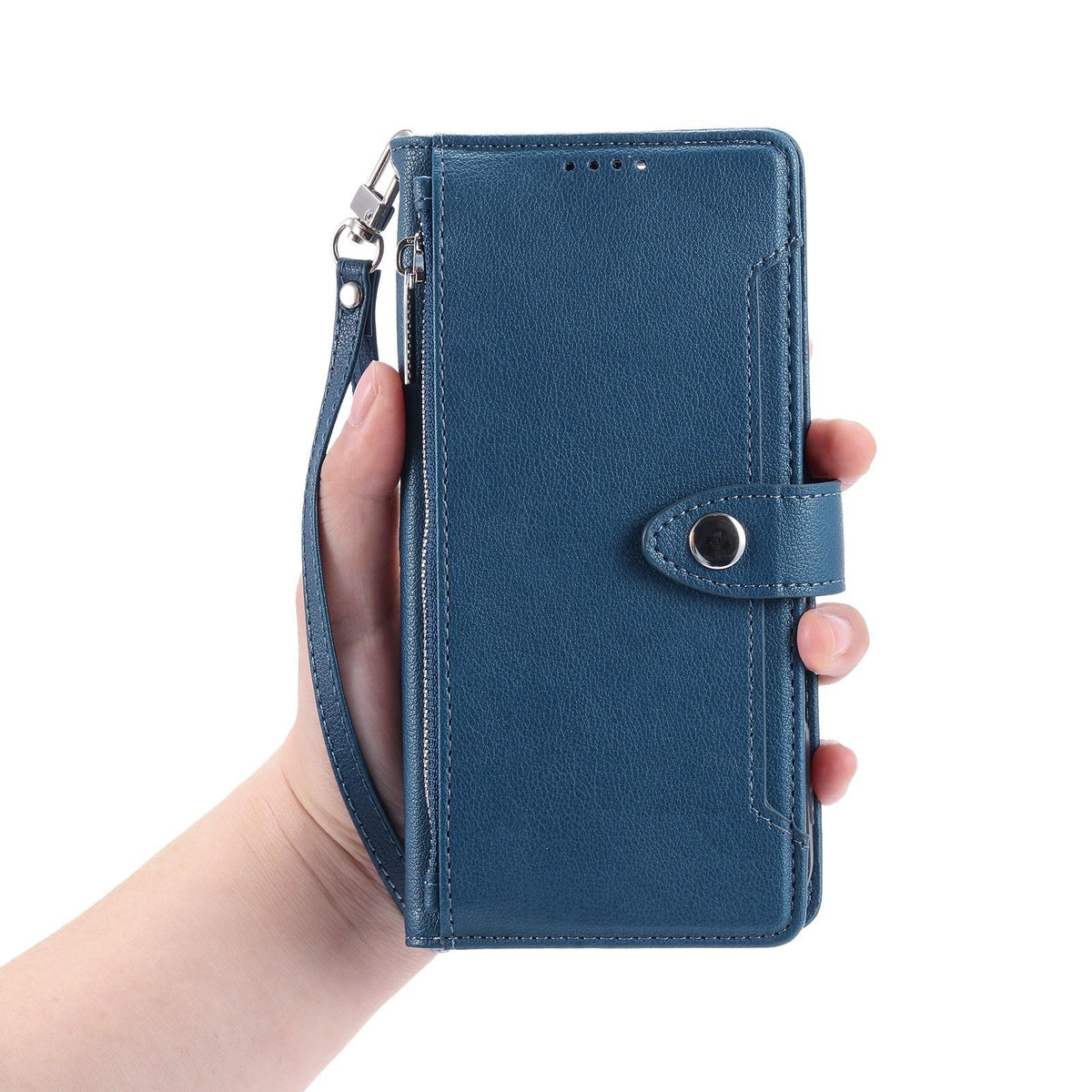 Compatible with iPhone 18 Pro Max & 17 Pro Max Litchi Texture Zipper Wallet Buckle Vegan Leather Phone Case with Wrist Strap - Blue