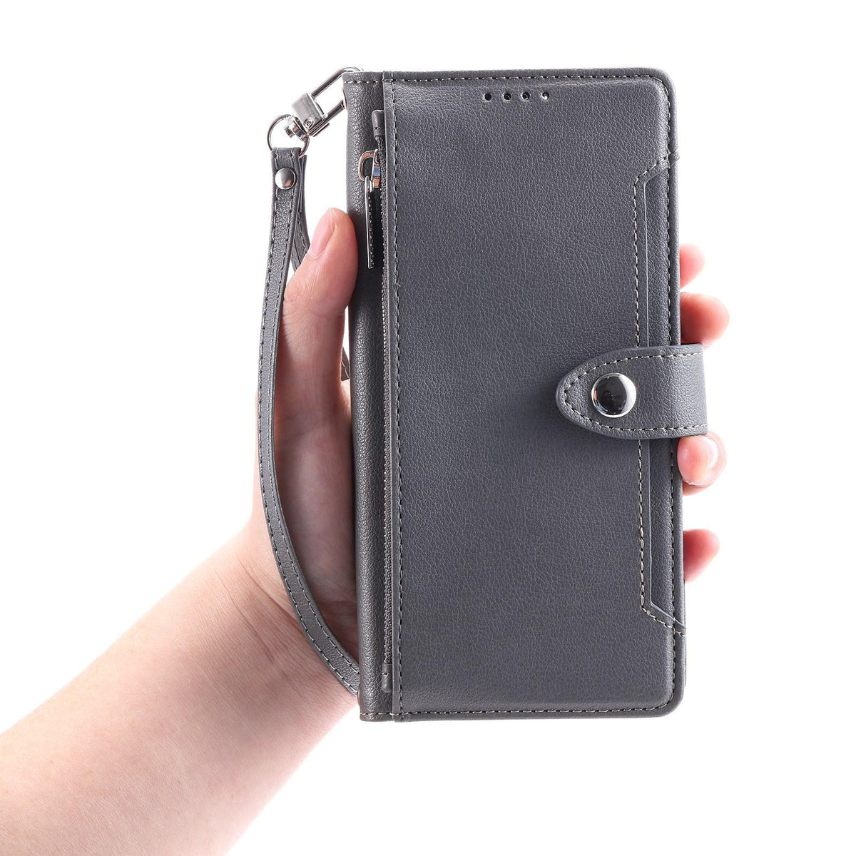 Compatible with iPhone 18 Pro Max & 17 Pro Max Litchi Texture Zipper Wallet Buckle Vegan Leather Phone Case with Wrist Strap - Grey