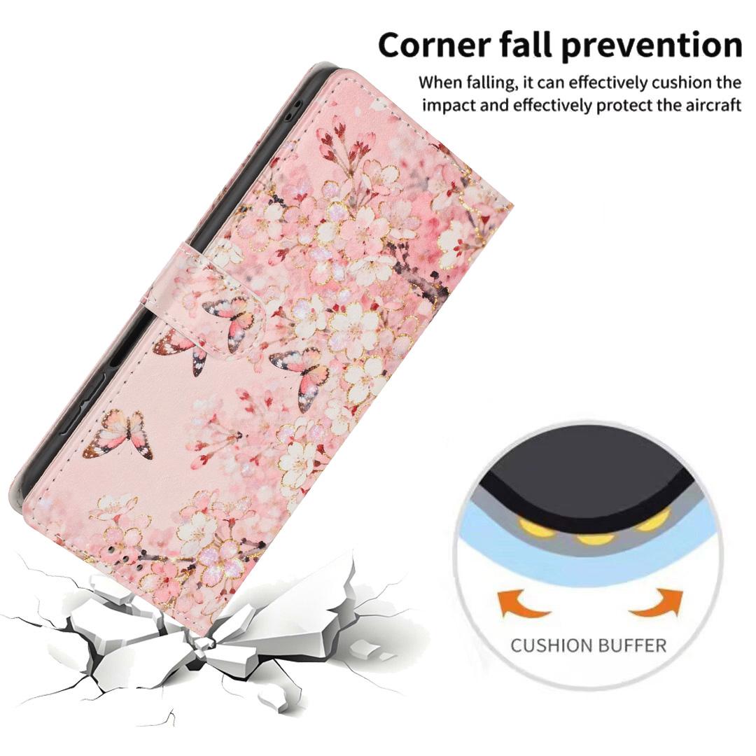 Compatible with iPhone 18 Pro Max Colorful Painting Vegan Leather Phone Case with Lanyard - Pink Flower Butterfly