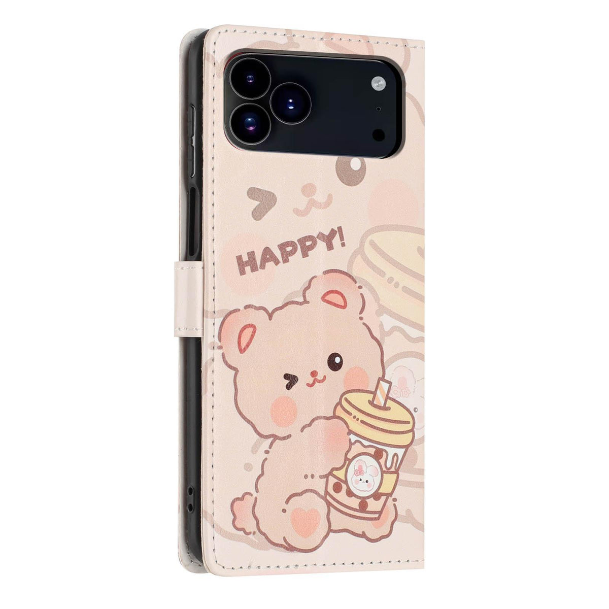 Compatible with iPhone 18 Pro Max Colorful Painting Vegan Leather Phone Case with Lanyard - Milk Tea Bear