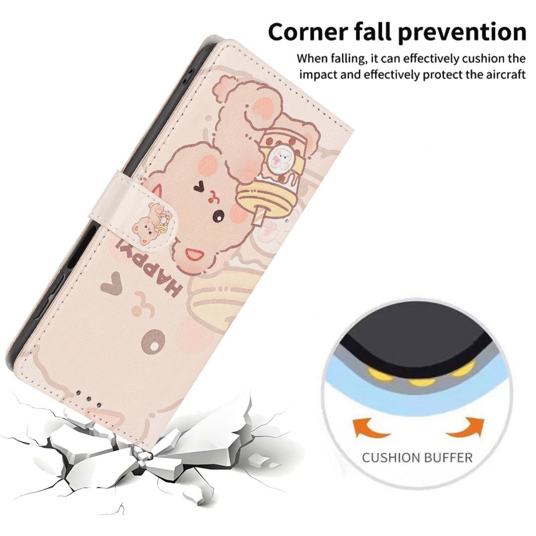 Compatible with iPhone 18 Pro Max Colorful Painting Vegan Leather Phone Case with Lanyard - Milk Tea Bear