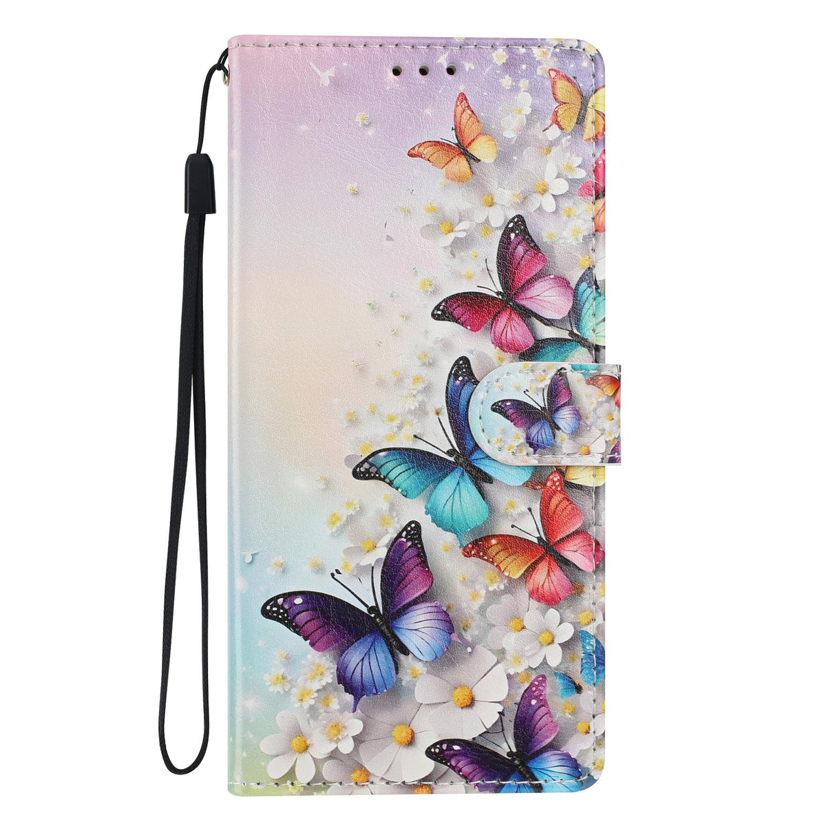 Compatible with iPhone 18 Pro Max Colorful Painting Vegan Leather Phone Case with Lanyard - Colorful Butterflies