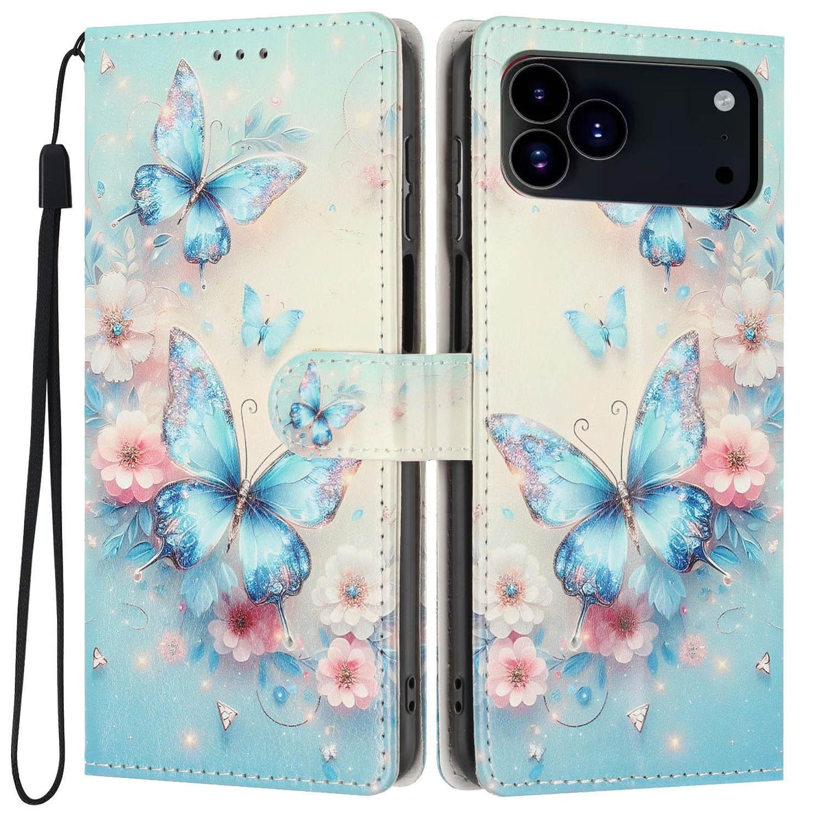 Compatible with iPhone 18 Pro Max Colorful Painting Vegan Leather Phone Case with Lanyard - Blue Butterflies