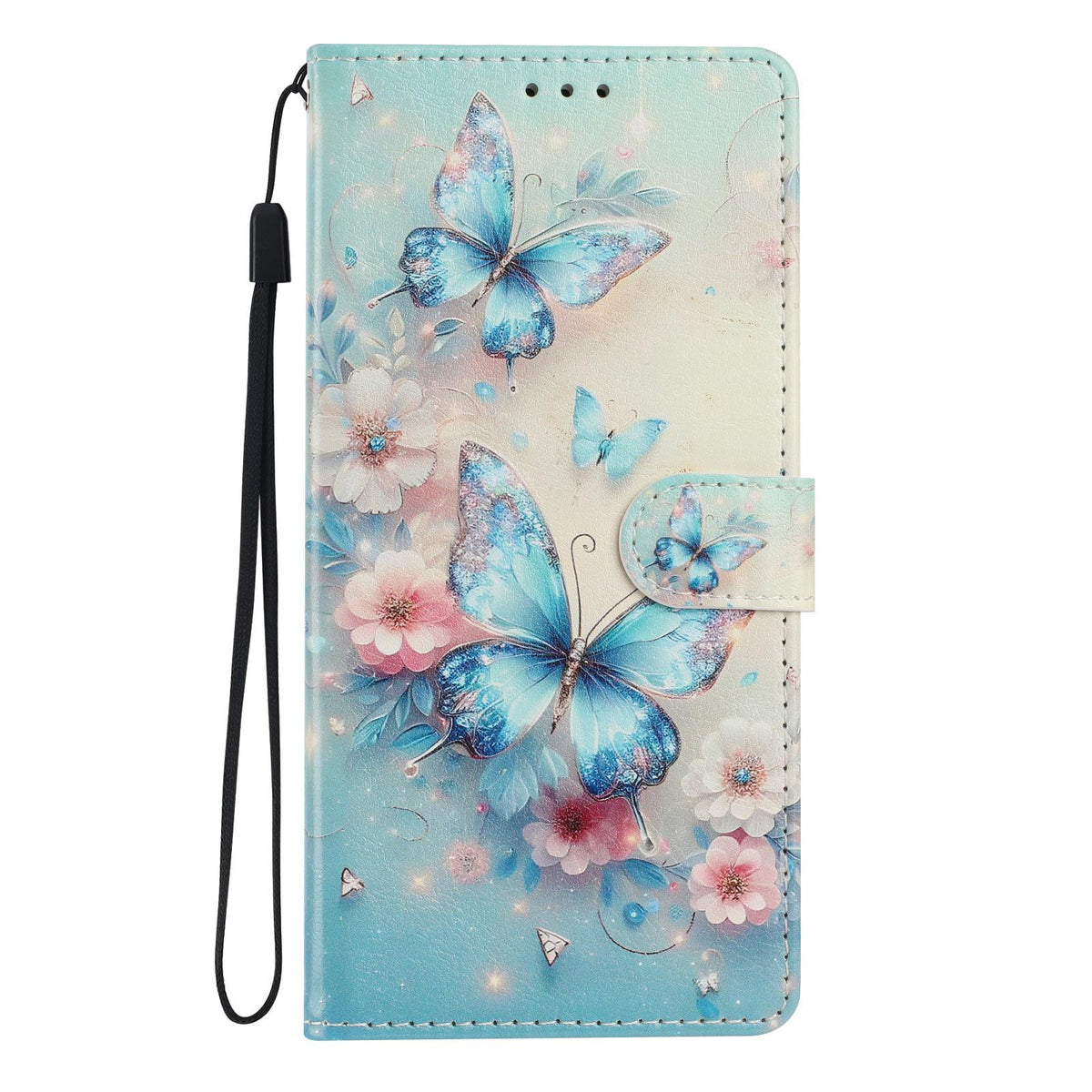 Compatible with iPhone 18 Pro Max Colorful Painting Vegan Leather Phone Case with Lanyard - Blue Butterflies