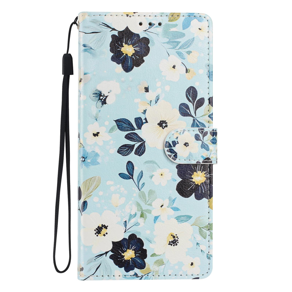 Compatible with iPhone 18 Pro Max Colorful Painting Vegan Leather Phone Case with Lanyard - Blue Background Flower