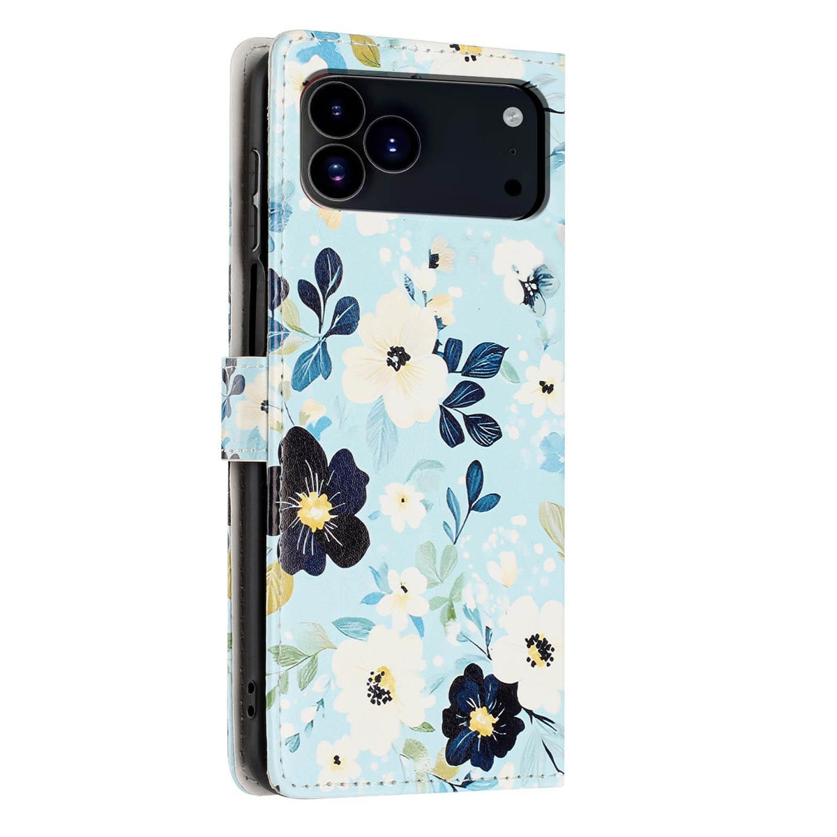 Compatible with iPhone 18 Pro Colorful Painting Vegan Leather Phone Case with Lanyard - Blue Background Flower