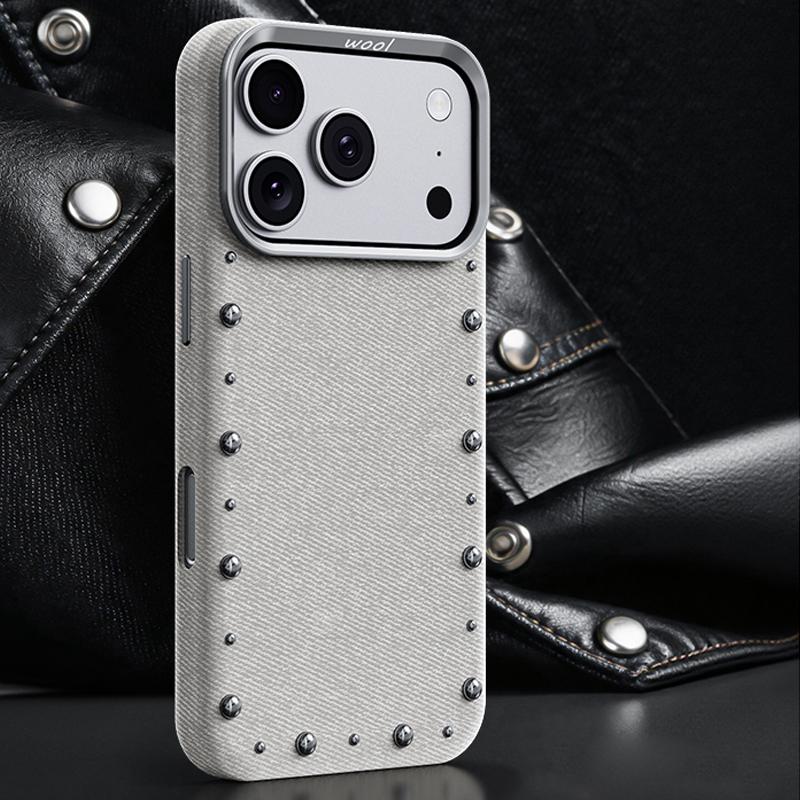 Compatible with iPhone 18 Pro & 17 Pro Rivet Series Denim Texture Full Coverage Magnetic Phone Case - Beige