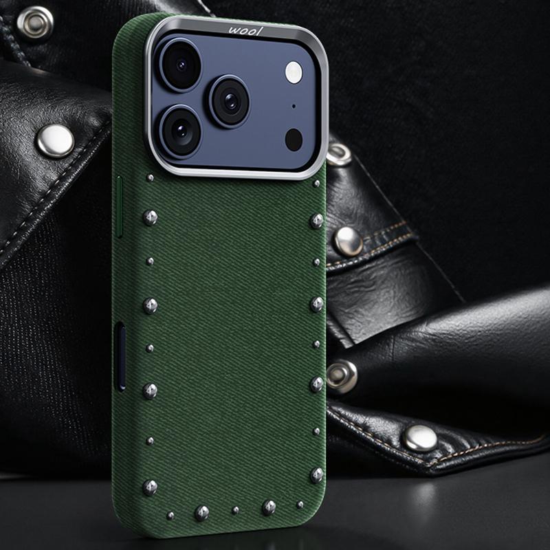 Compatible with iPhone 18 Pro & 17 Pro Rivet Series Denim Texture Full Coverage Magnetic Phone Case - Dark Green