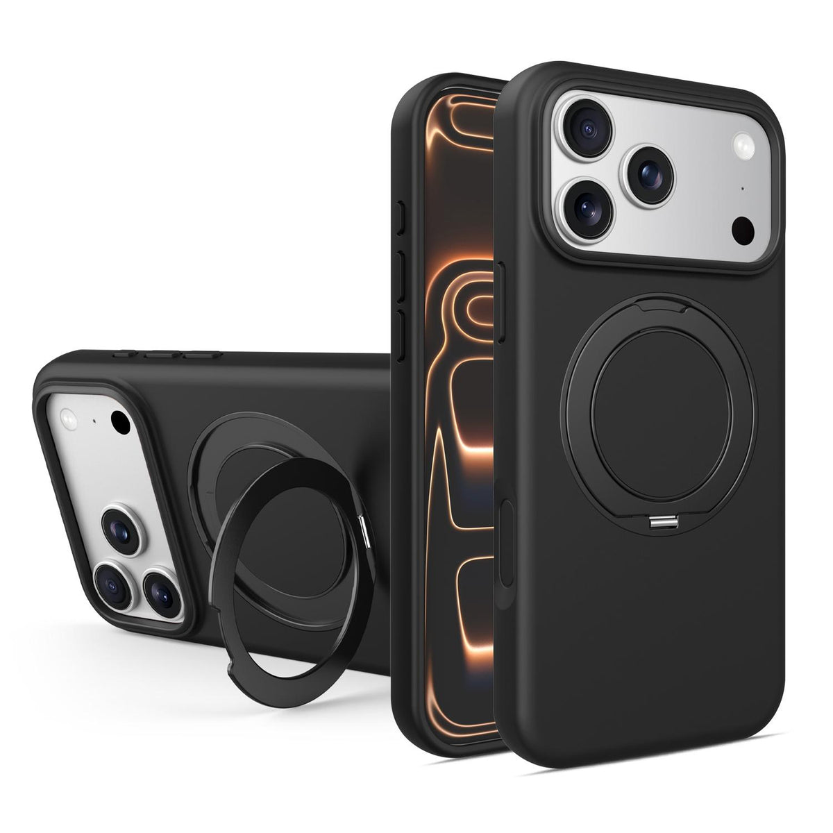 Compatible with iPhone 18 Pro Max & 17 Pro Max Liquid Silicone Magnetic Phone Case with Rotating Stand - Black