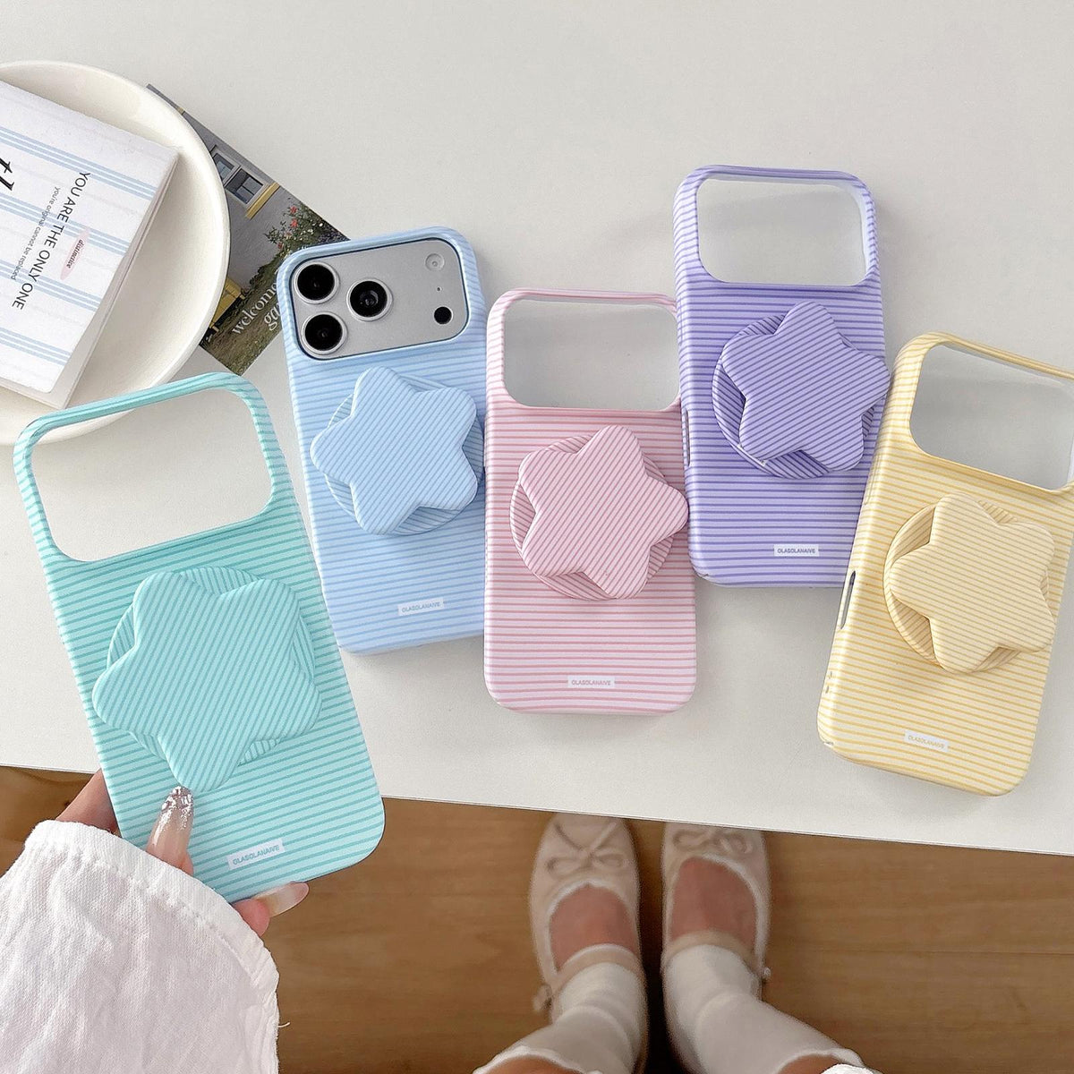 Compatible with iPhone 18 Pro Max & 17 Pro Max Macaron Striped Full Coverage PC Phone Case with Star Holder - Blue
