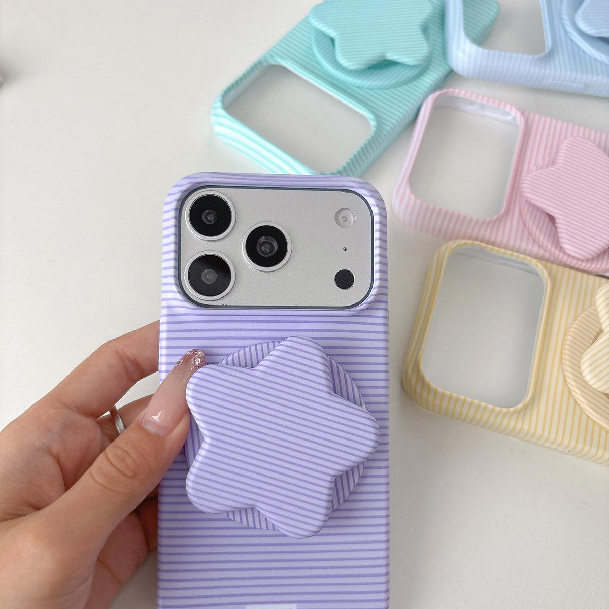 Compatible with iPhone 18 Pro Max & 17 Pro Max Macaron Striped Full Coverage PC Phone Case with Star Holder - Yellow