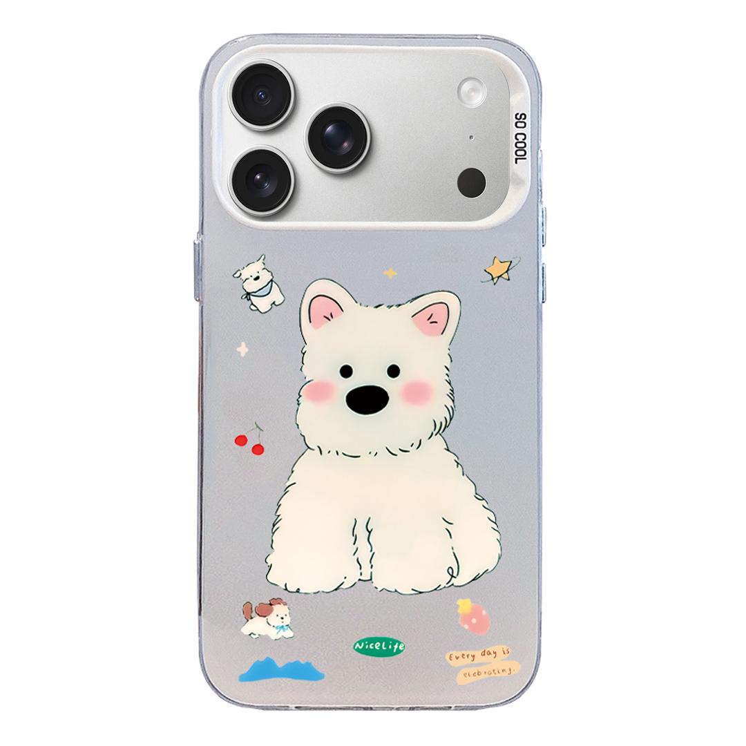 Compatible with iPhone 18 Pro Max & 17 Pro Max Colorful Silver Pattern PC Dual-Layer TPU Phone Case - Cute White Dog