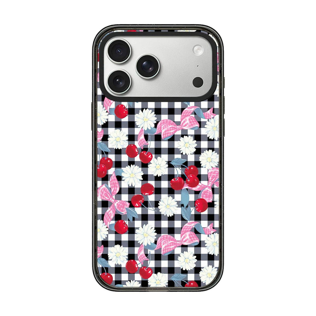 Compatible with iPhone 18 Pro Max & 17 Pro Max Cherry Plaid Acrylic TPU Phone Case - Sweet Cool Black Cherry