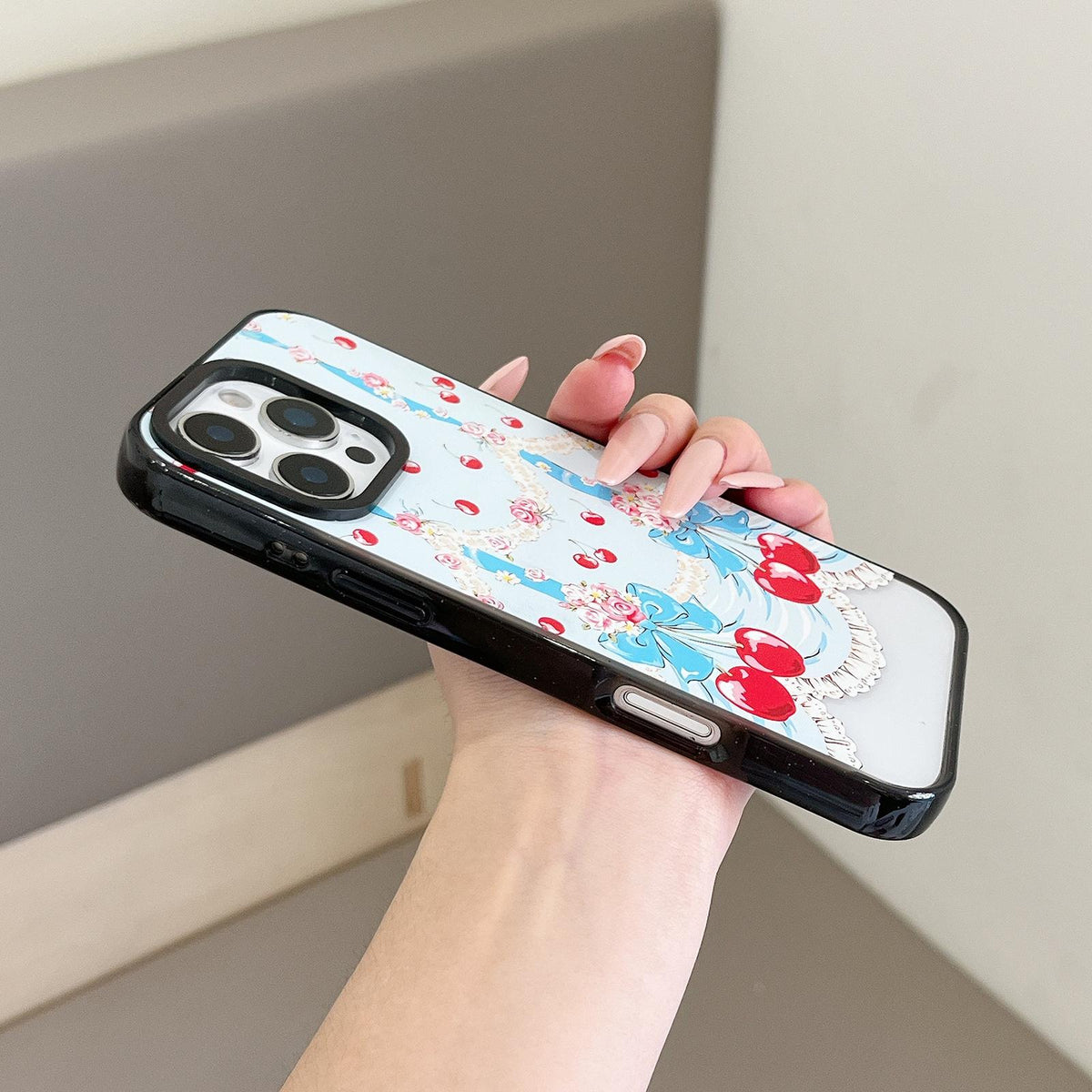 Compatible with iPhone 18 Pro Max & 17 Pro Max Cherry Plaid Acrylic TPU Phone Case - Pinkish Purple Sweet Cherry