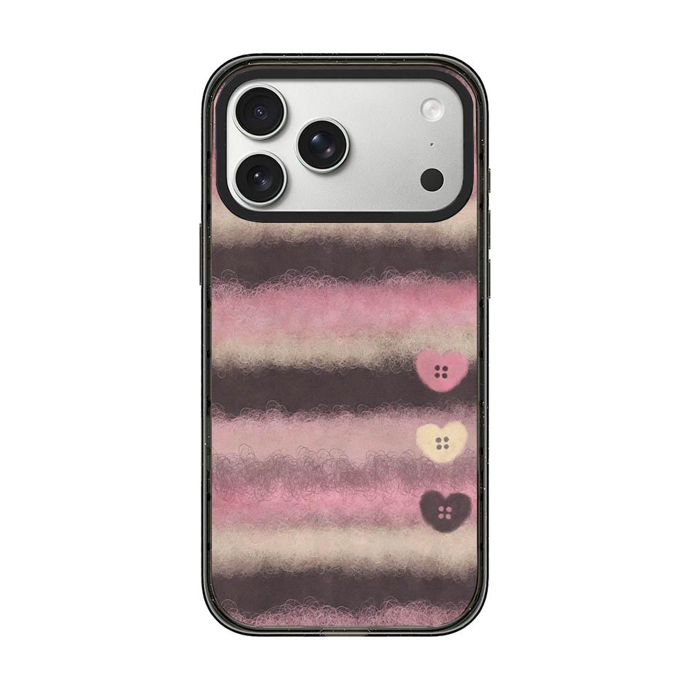 Compatible with iPhone 18 Pro & 17 Pro Felt Checkered Floral Acrylic TPU Phone Case - Pink Brown Striped Heart