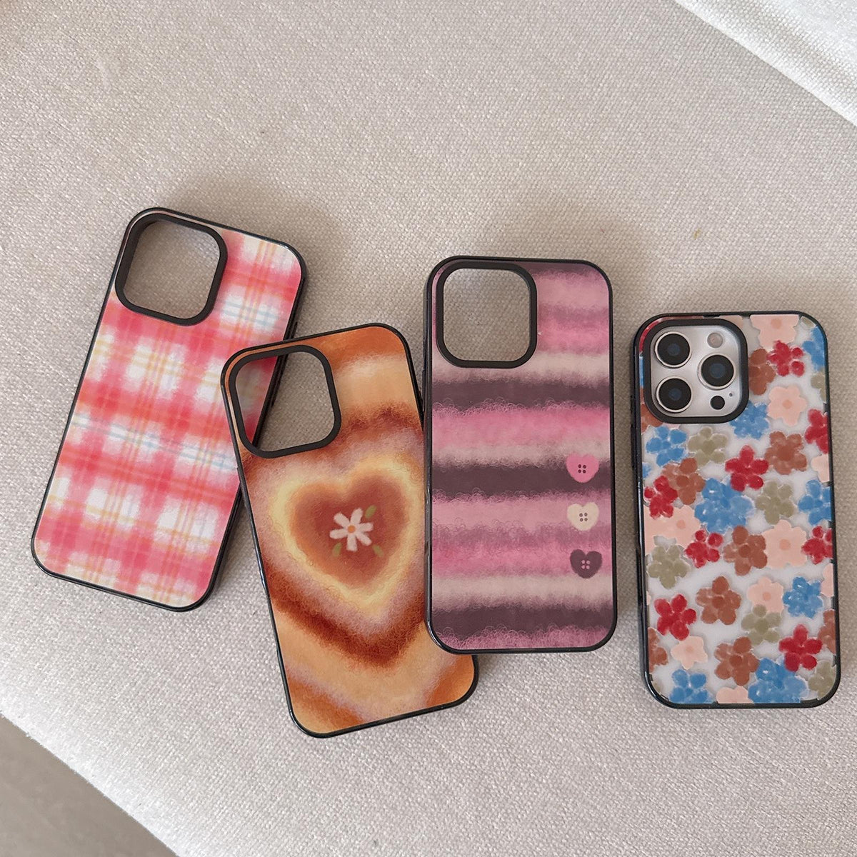 Compatible with iPhone 18 Pro & 17 Pro Felt Checkered Floral Acrylic TPU Phone Case - Caramel Brown Heart