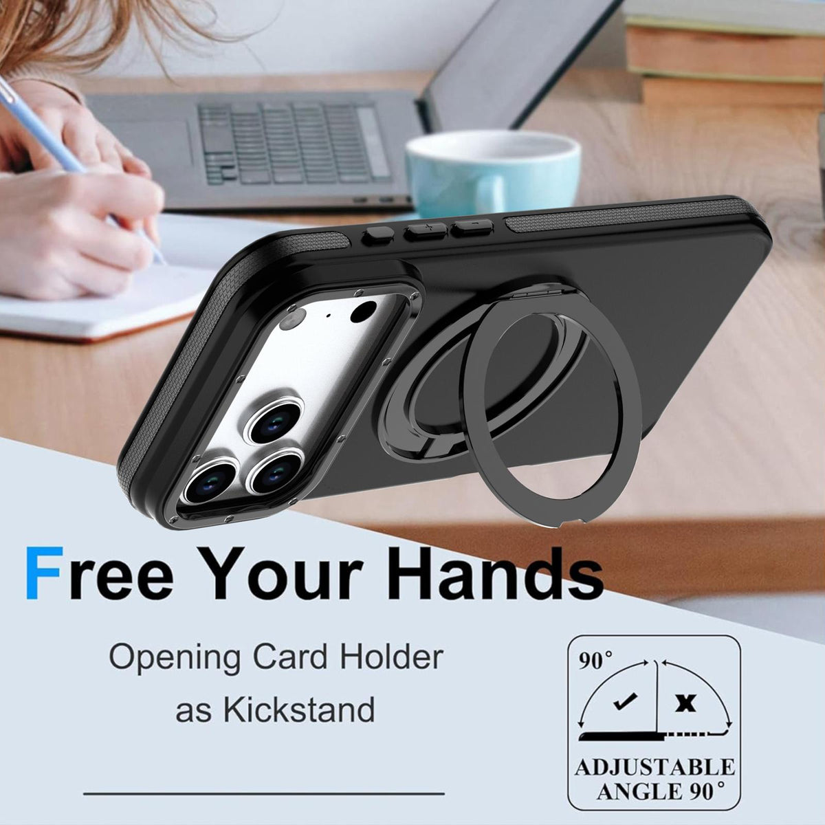 Compatible with iPhone 18 Pro Max Dual Color Skin Feel 360 Degree Rotation Holder Magnetic Phone Case - Black