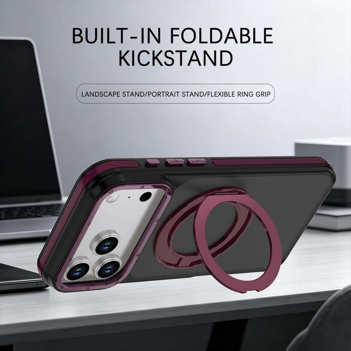 Compatible with iPhone 18 Pro Max Dual Color Skin Feel 360 Degree Rotation Holder Magnetic Phone Case - Cherry Red