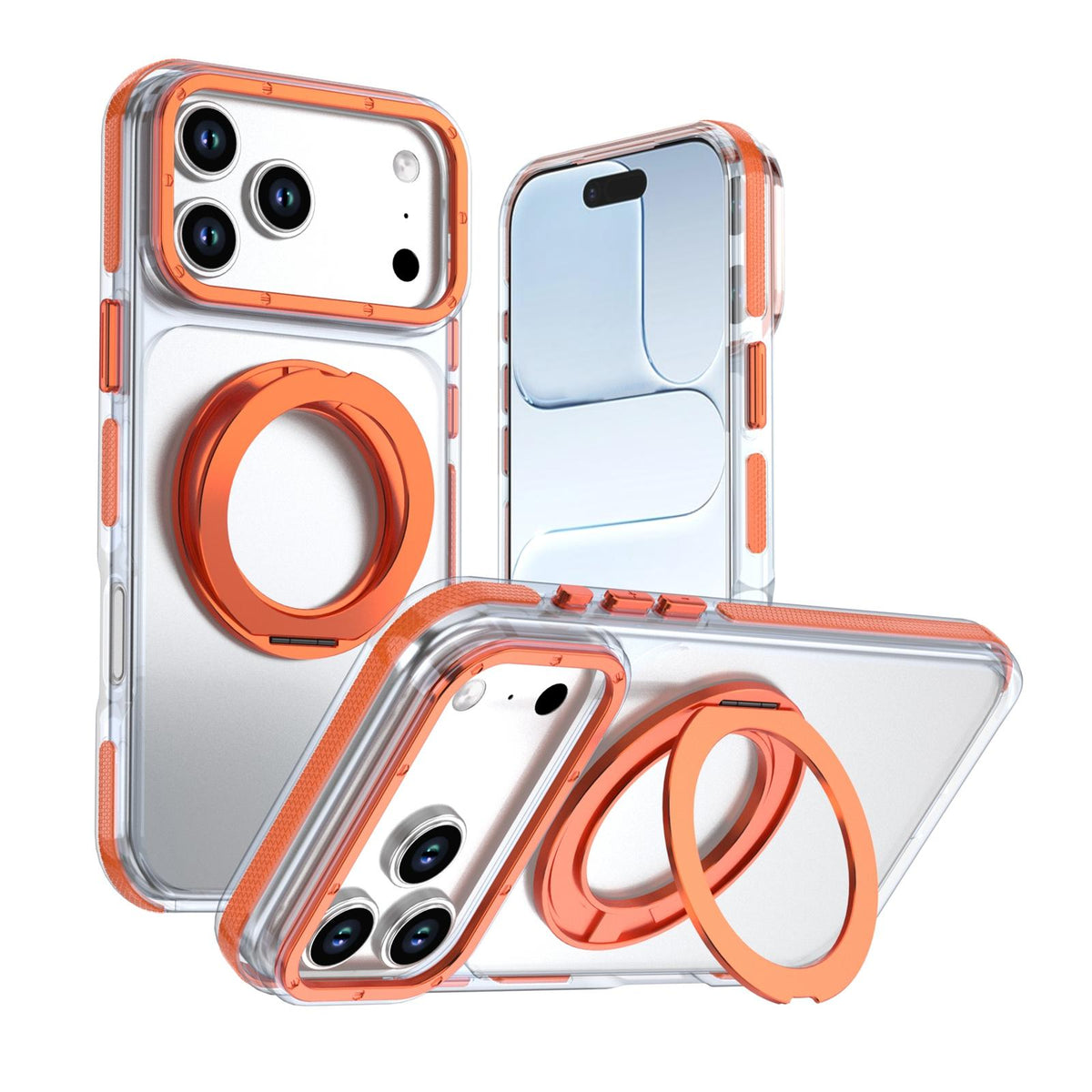 Compatible with iPhone 18 Pro Max Dual Color Clear 360 Degree Rotation Holder Magnetic Phone Case - Orange
