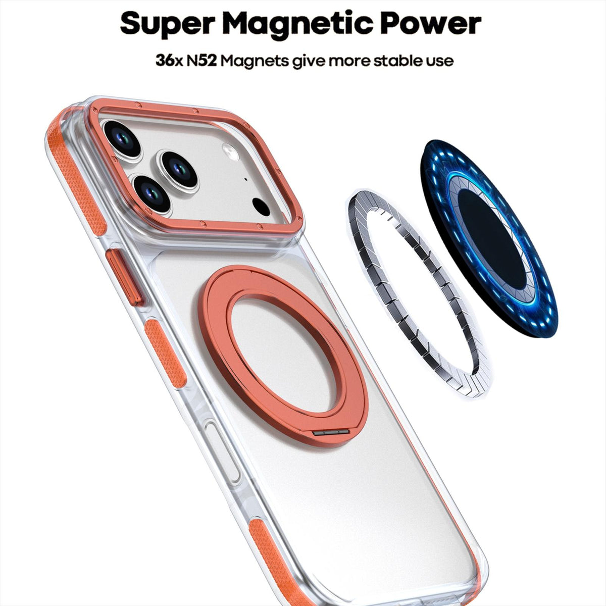 Compatible with iPhone 18 Pro Max Dual Color Clear 360 Degree Rotation Holder Magnetic Phone Case - Orange