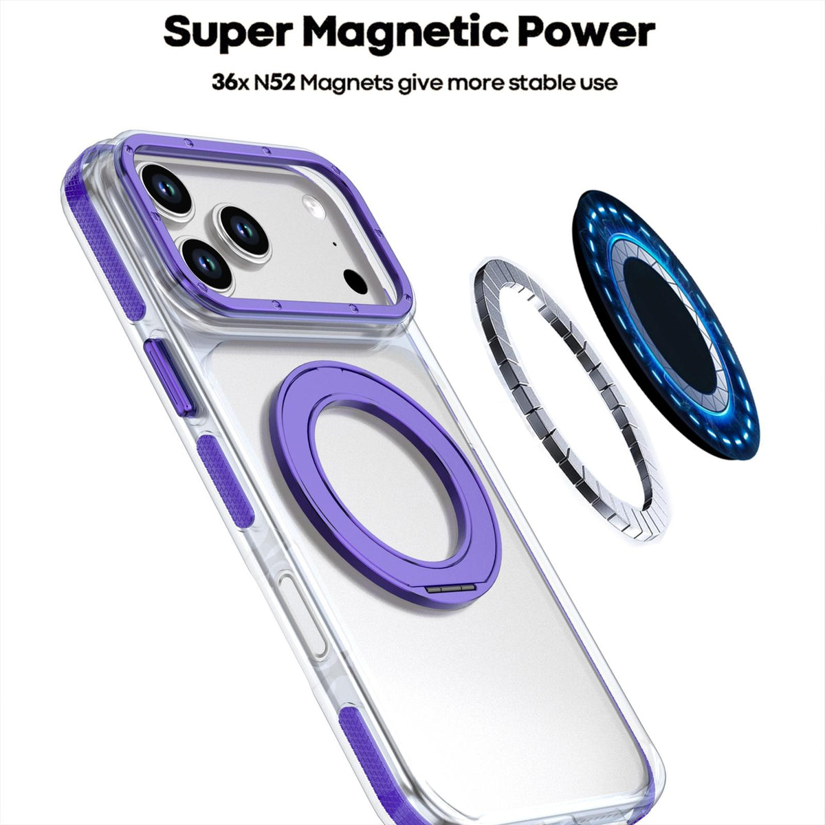 Compatible with iPhone 18 Pro Max Dual Color Clear 360 Degree Rotation Holder Magnetic Phone Case - Purple