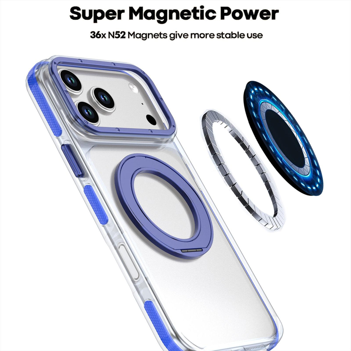 Compatible with iPhone 18 Pro Max Dual Color Clear 360 Degree Rotation Holder Magnetic Phone Case - Dark Blue