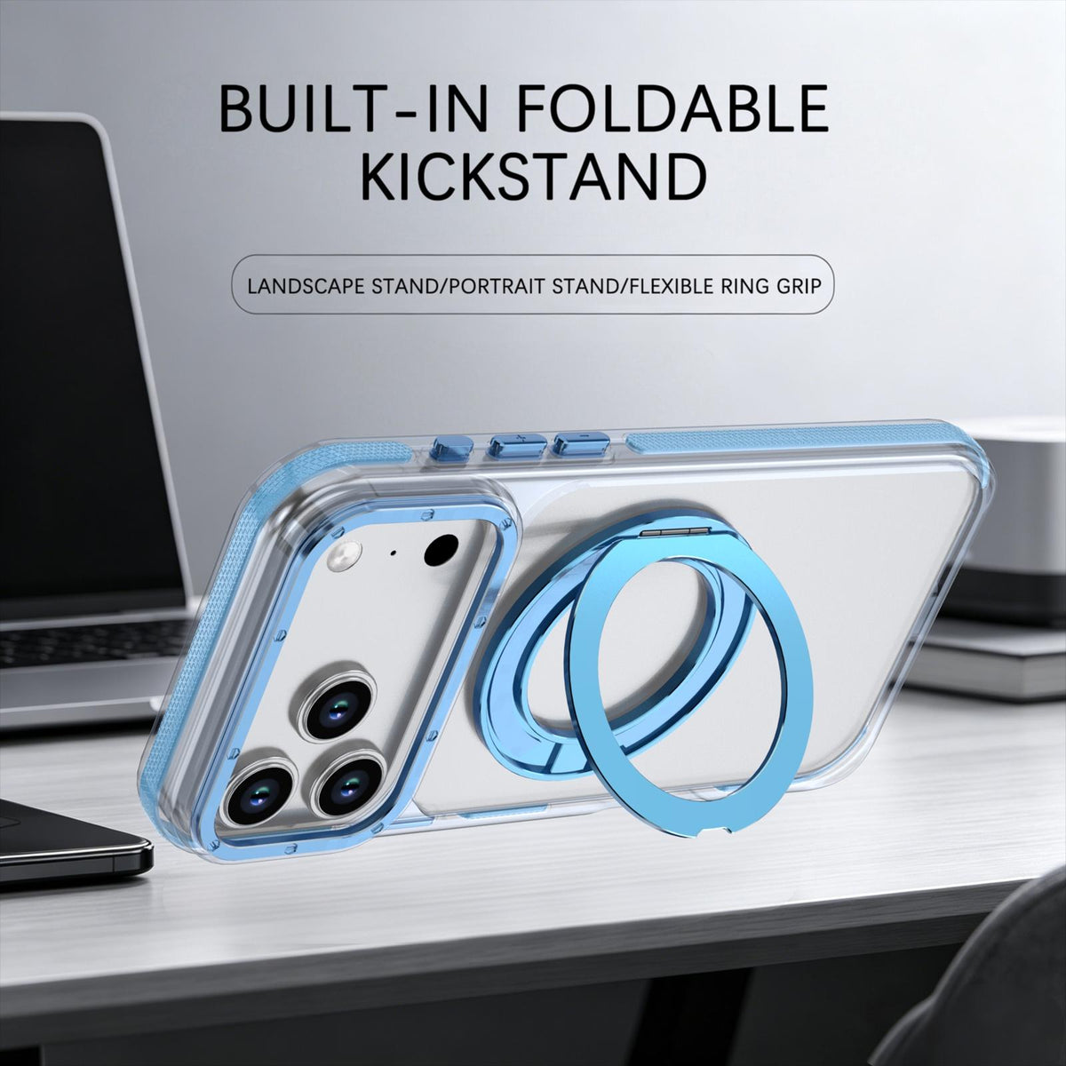 Compatible with iPhone 18 Pro Max Dual Color Clear 360 Degree Rotation Holder Magnetic Phone Case - Sky Blue