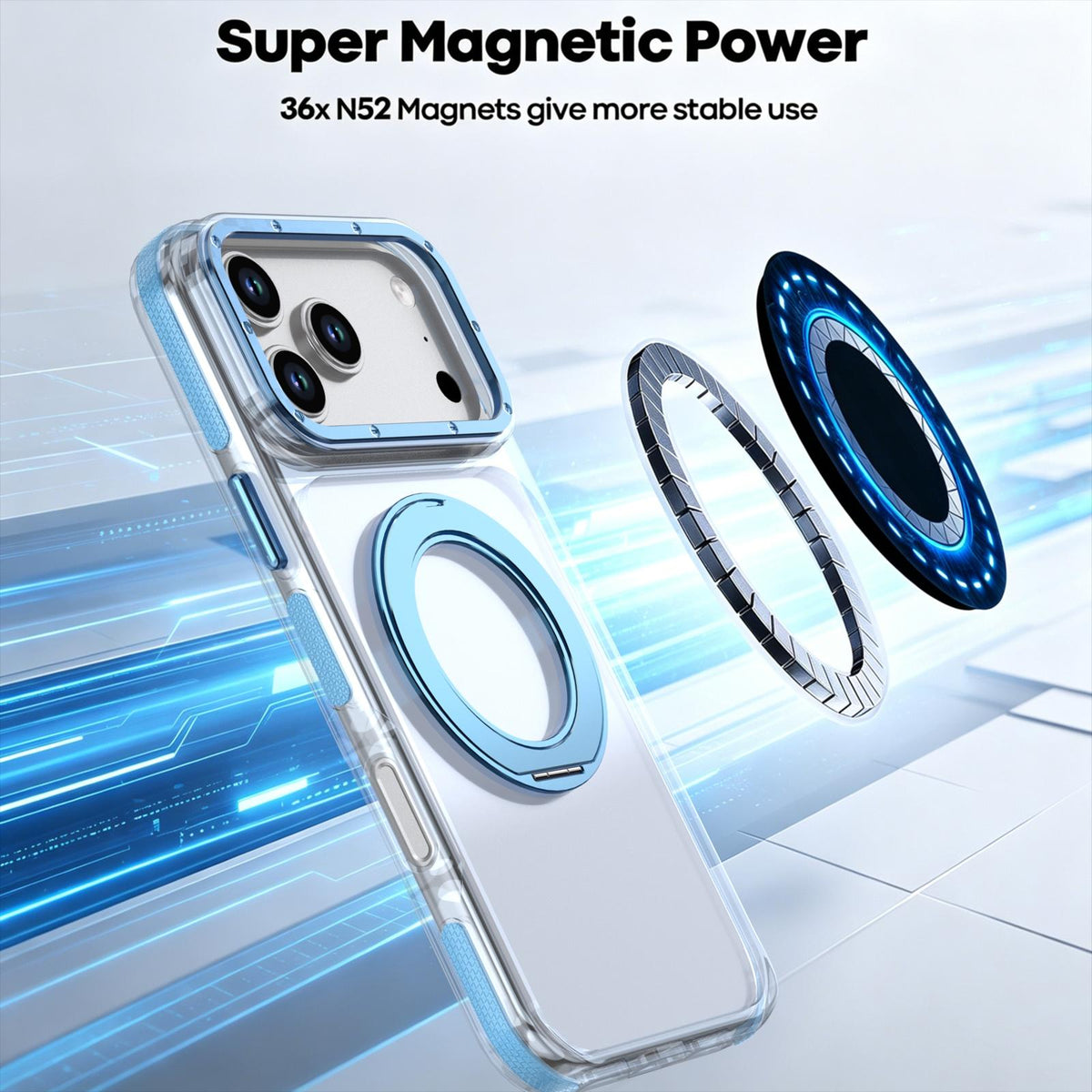 Compatible with iPhone 18 Pro Max Dual Color Clear 360 Degree Rotation Holder Magnetic Phone Case - Sky Blue